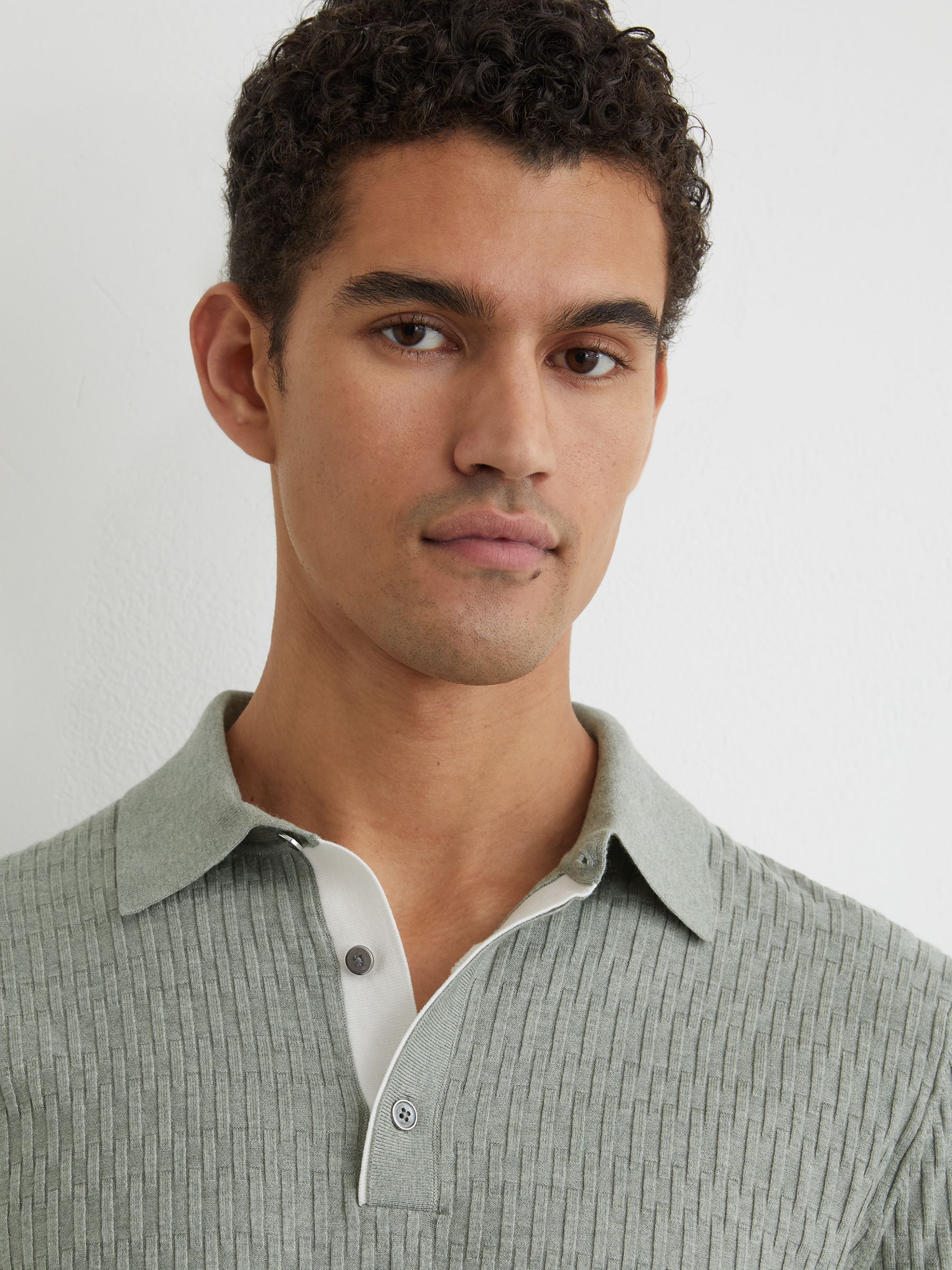Textured-Knit Half-Button Polo Shirt in Soft Sage - Image 3 of 6