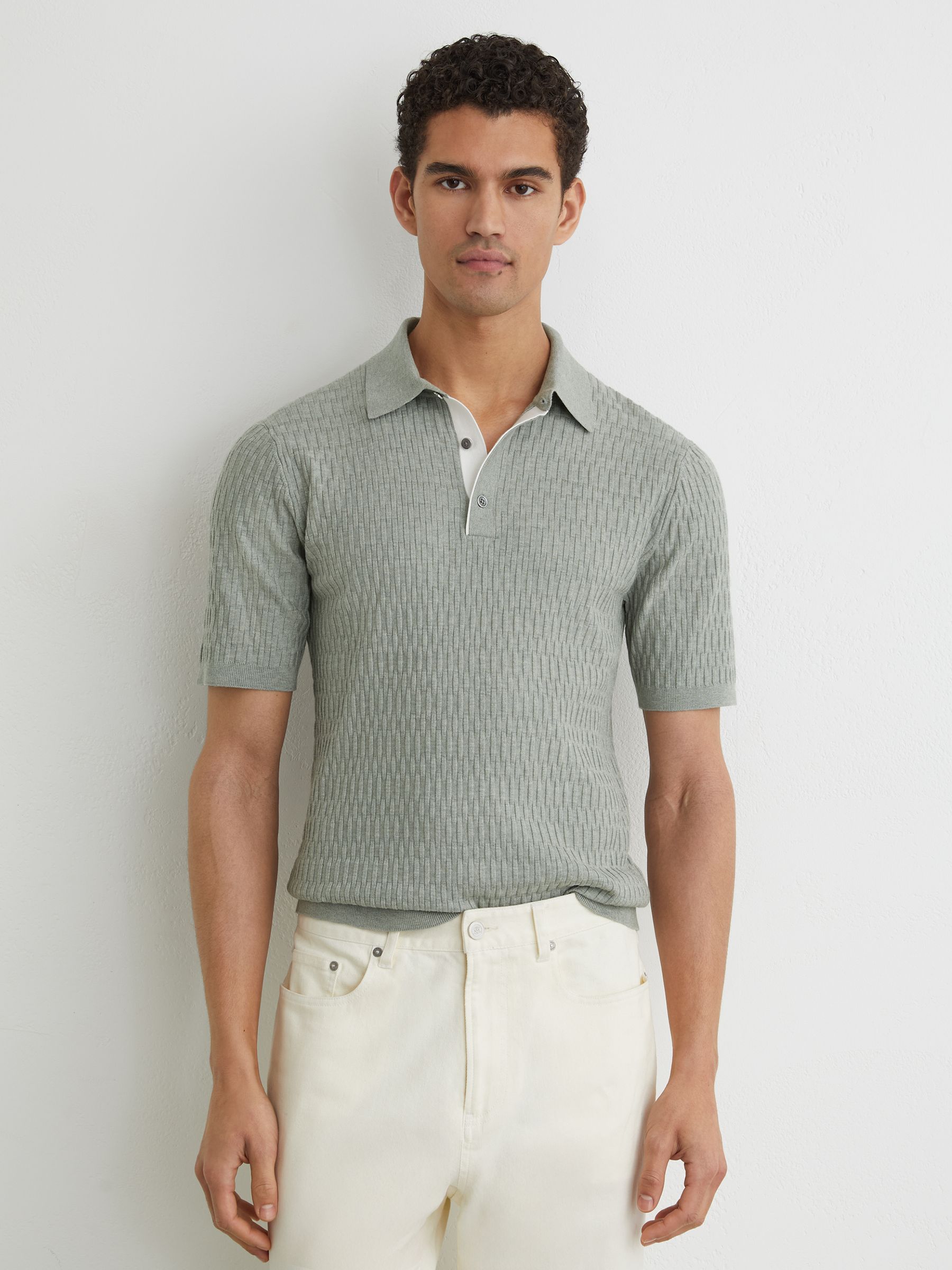 Textured-Knit Half-Button Polo Shirt in Soft Sage - image 5