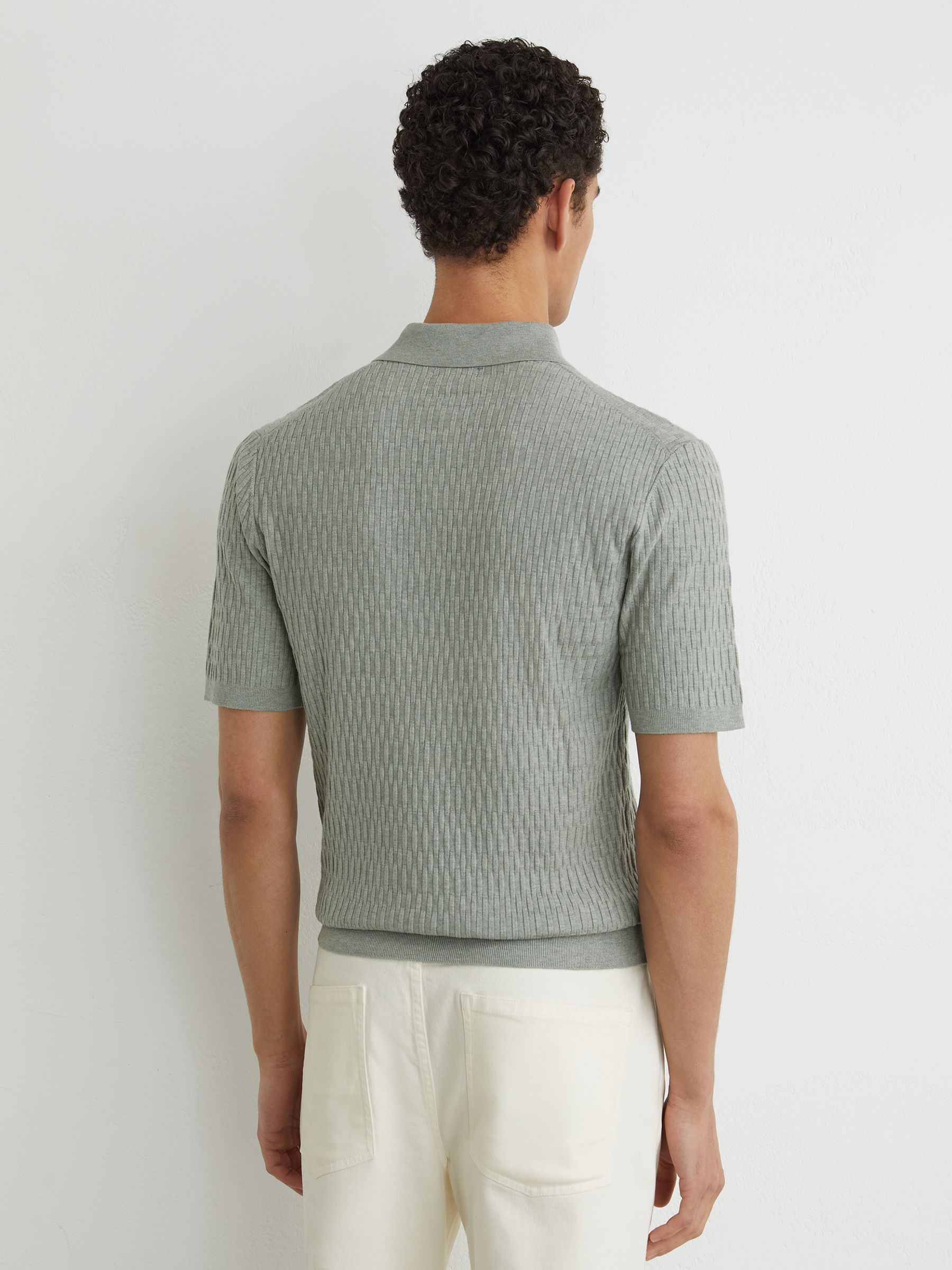 Textured-Knit Half-Button Polo Shirt in Soft Sage - Image 5 of 6