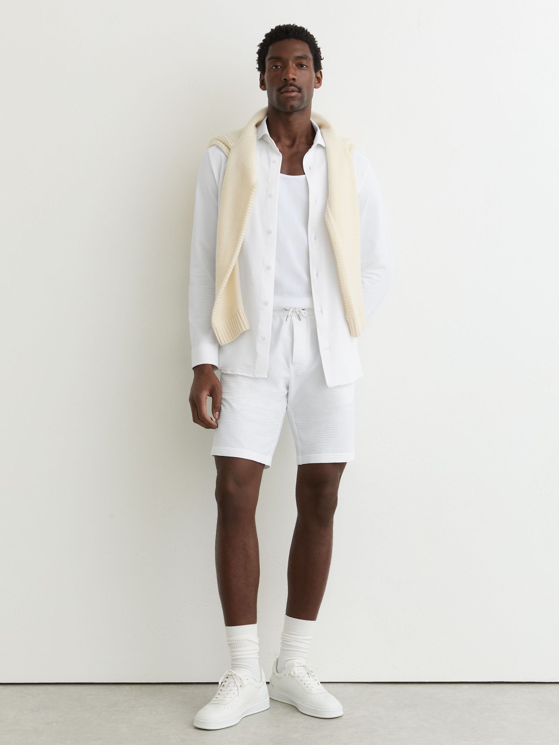 Seersucker Drawstring Shorts in White - image 2