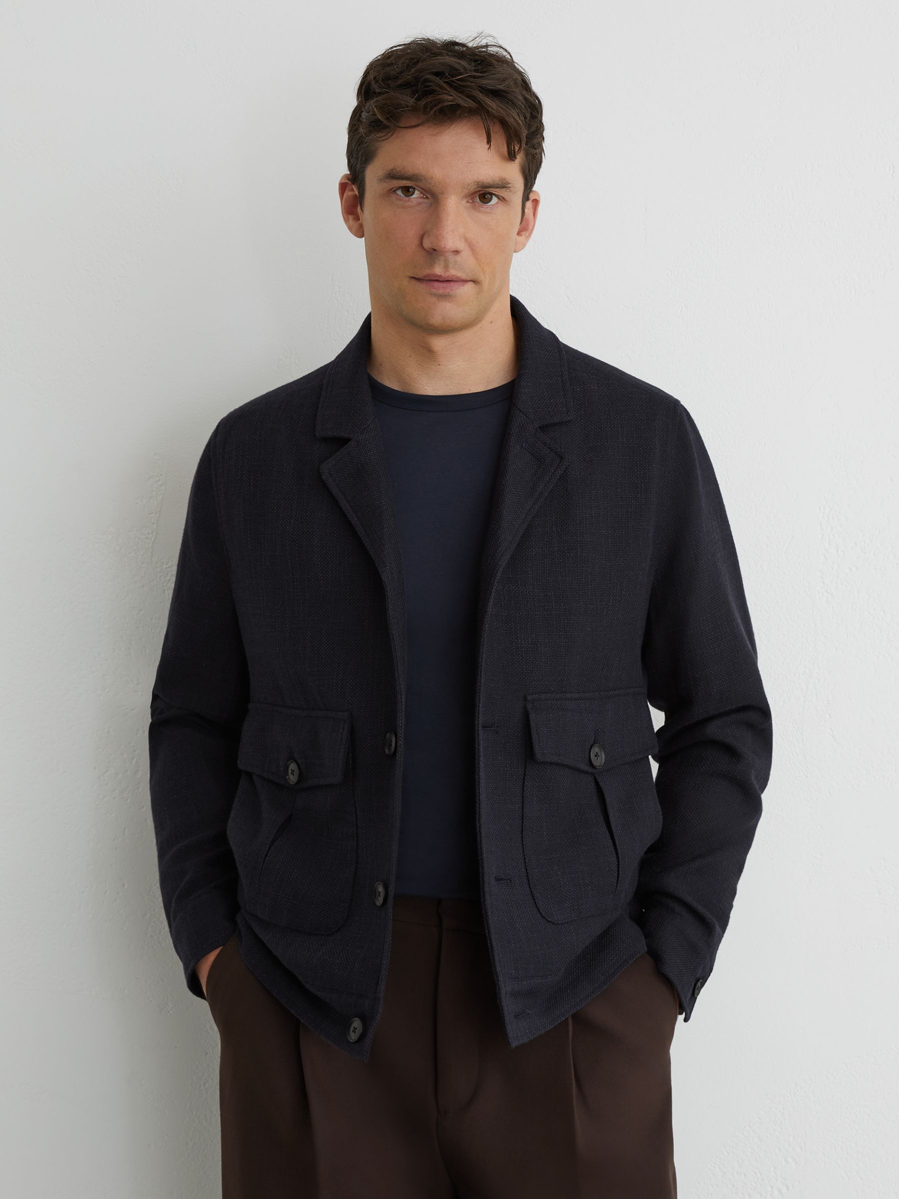 Textured Hopsack Flap-Pocket Jacket in Navy - Image 1 of 7