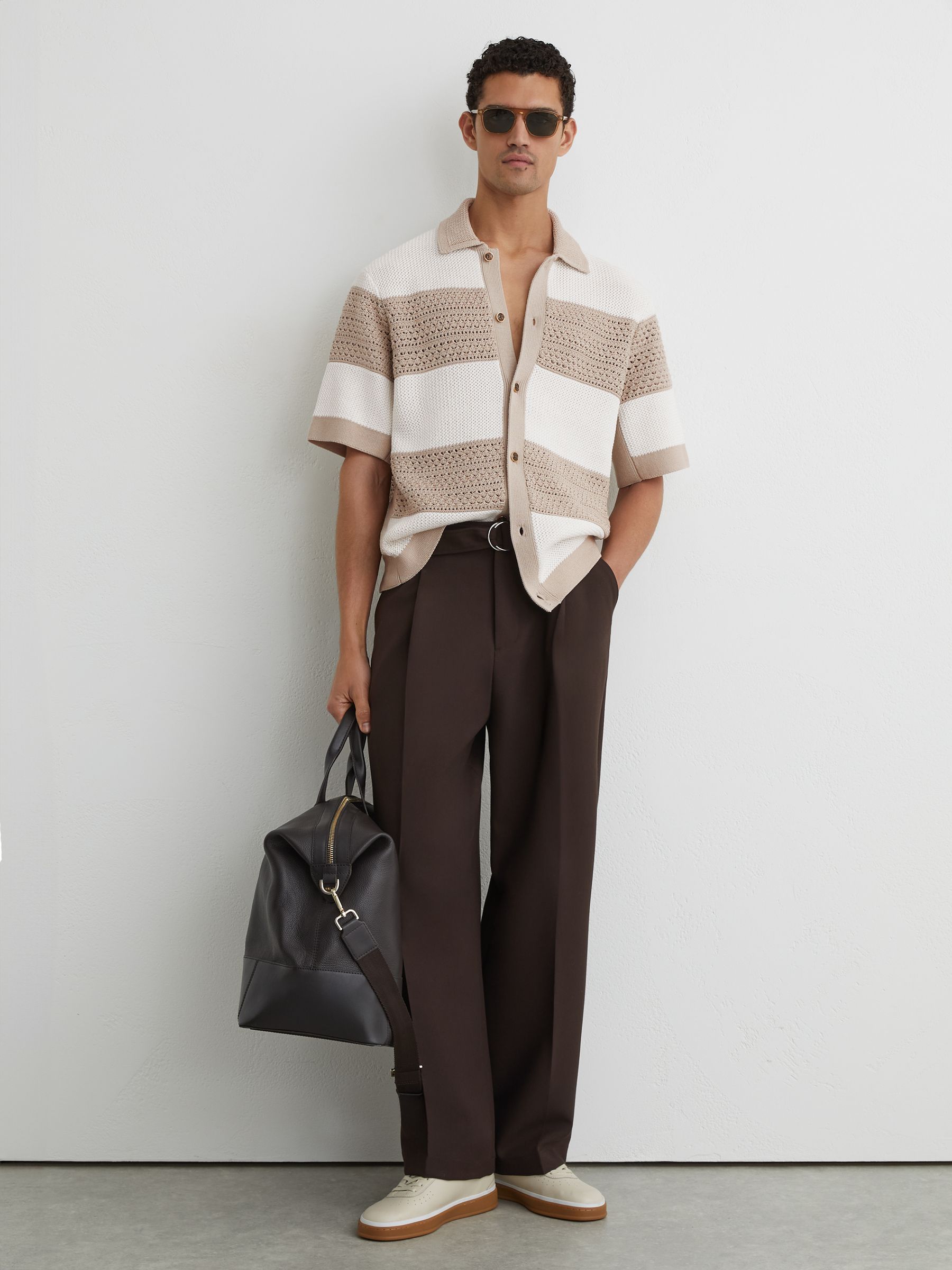 Cotton Block-Stripe Knitted Shirt in White/Stone - Image 1 of 6