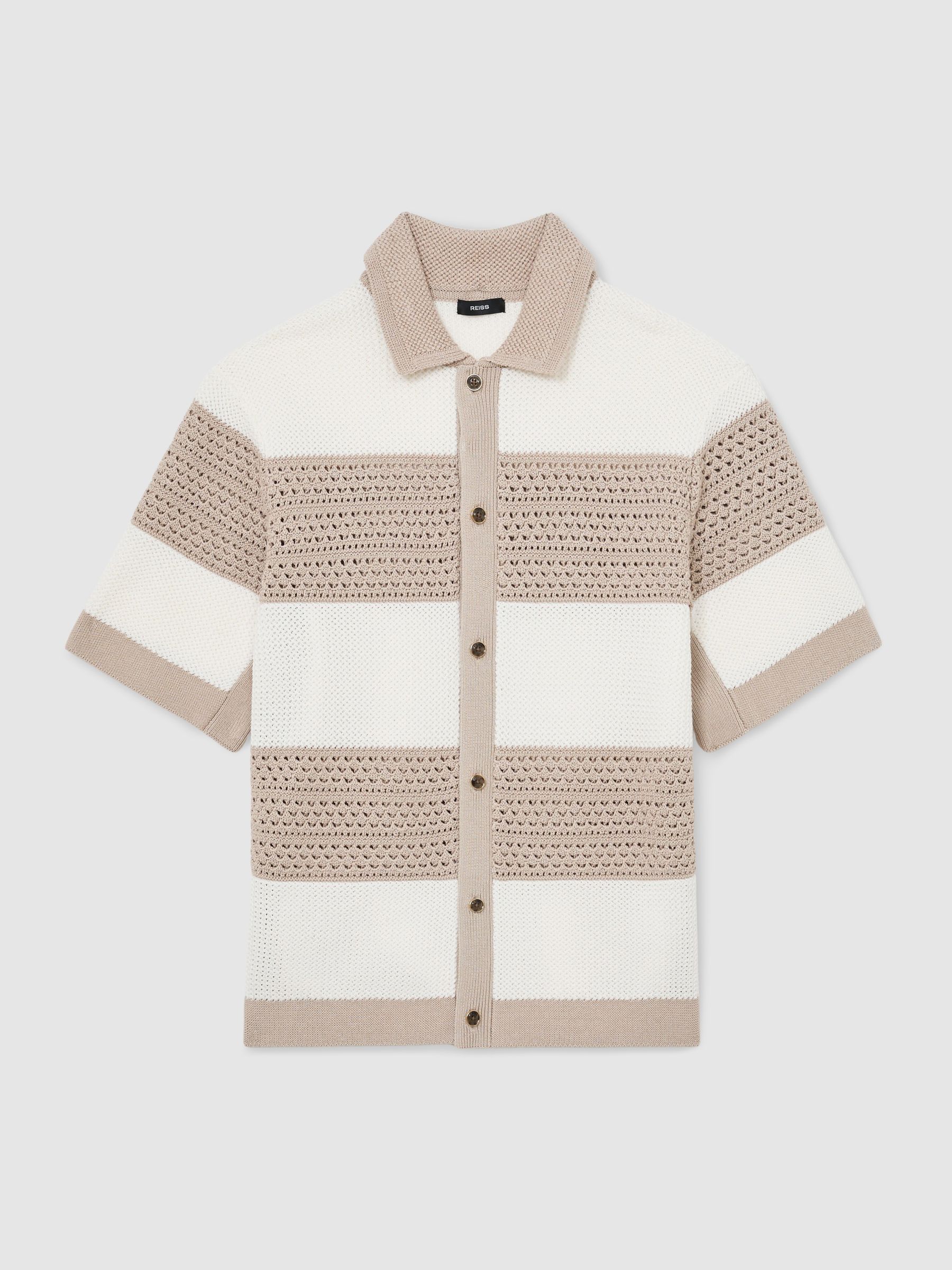Cotton Block-Stripe Knitted Shirt in White/Stone - Image 2 of 6 Cotton Block-Stripe Knitted Shirt in White/Stone - Image 2 of 6
