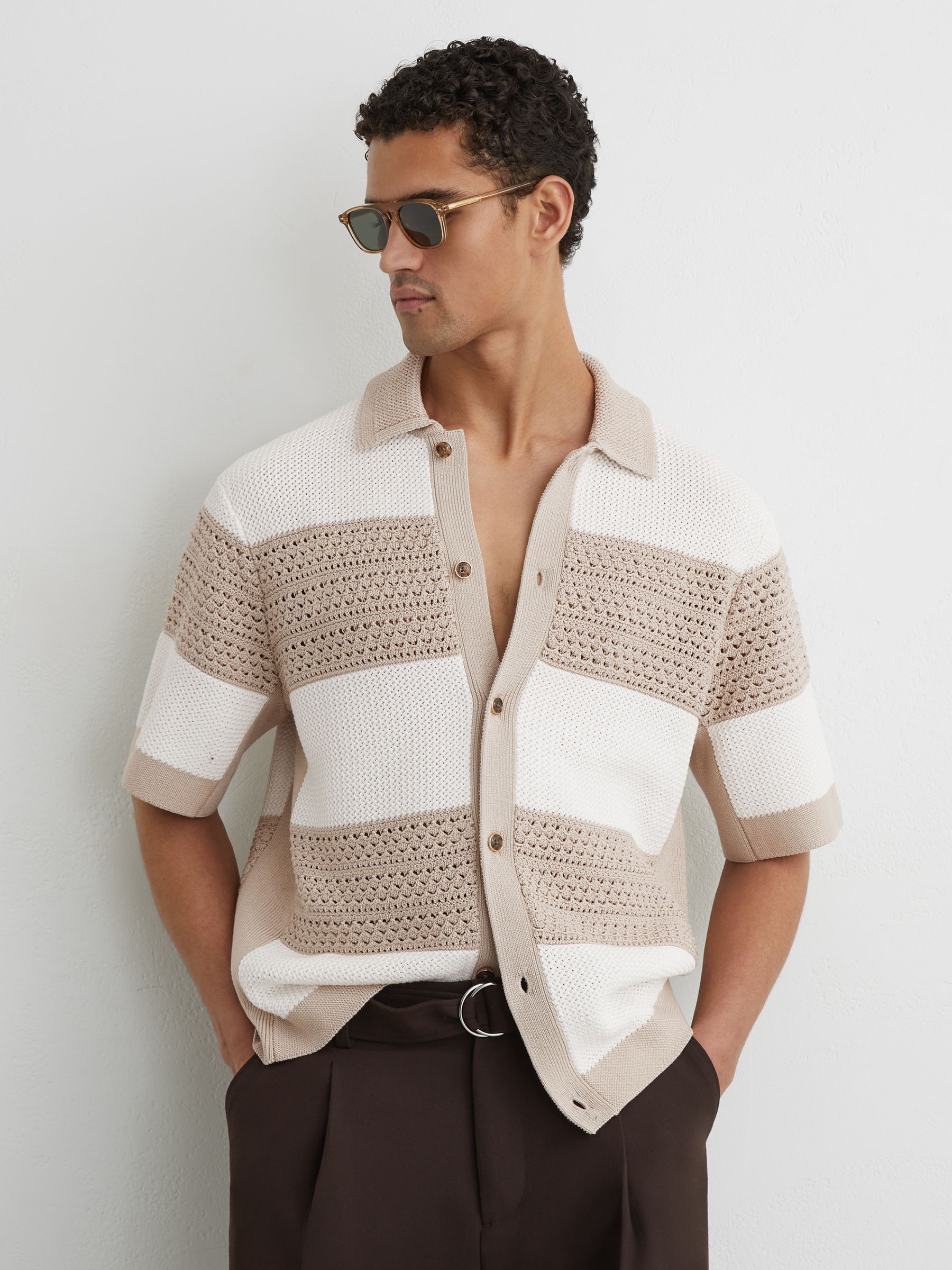 Cotton Block-Stripe Knitted Shirt in White/Stone - Image 3 of 6