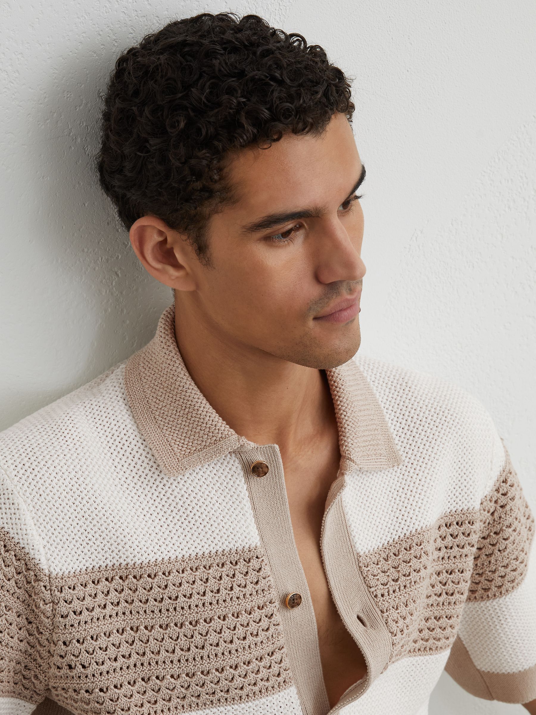 Cotton Block-Stripe Knitted Shirt in White/Stone - image 4