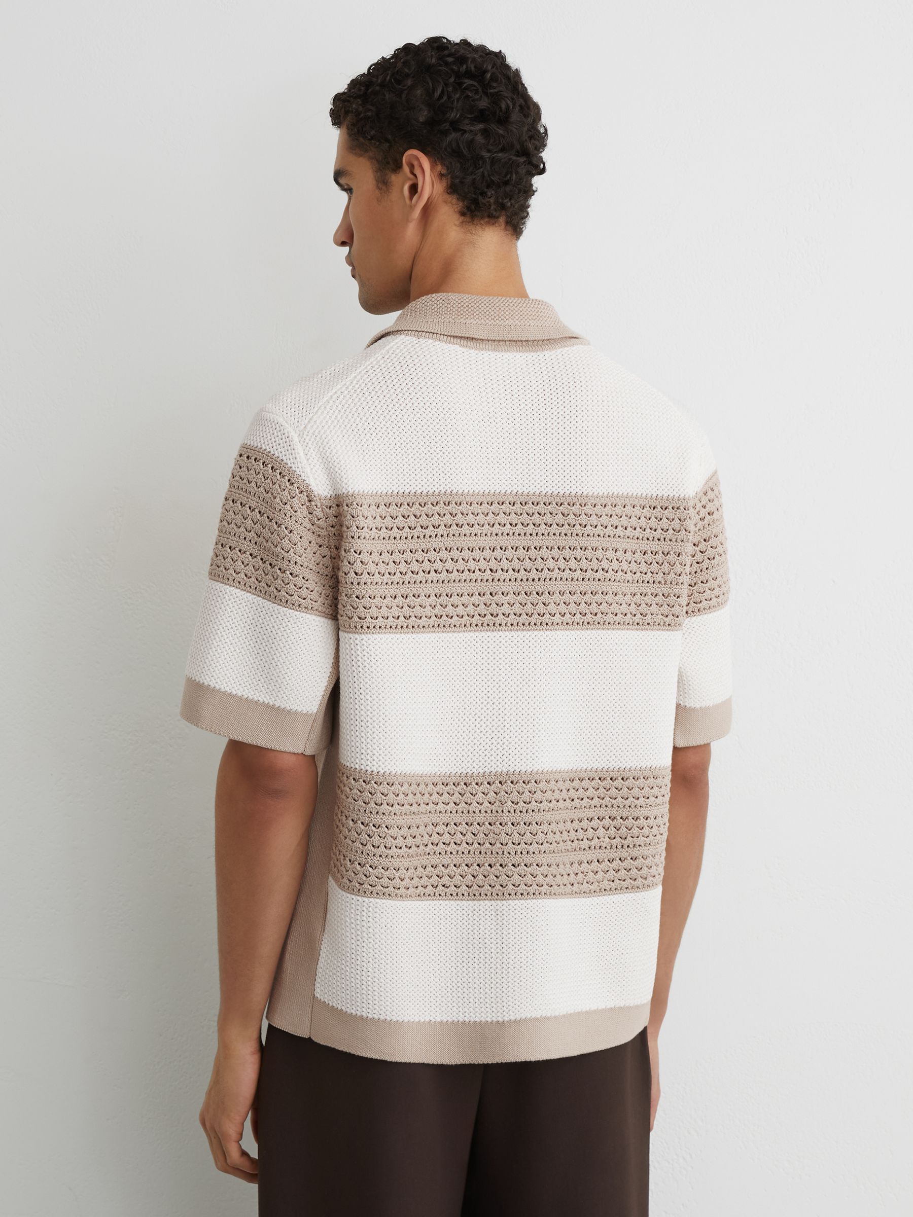 Cotton Block-Stripe Knitted Shirt in White/Stone - image 5