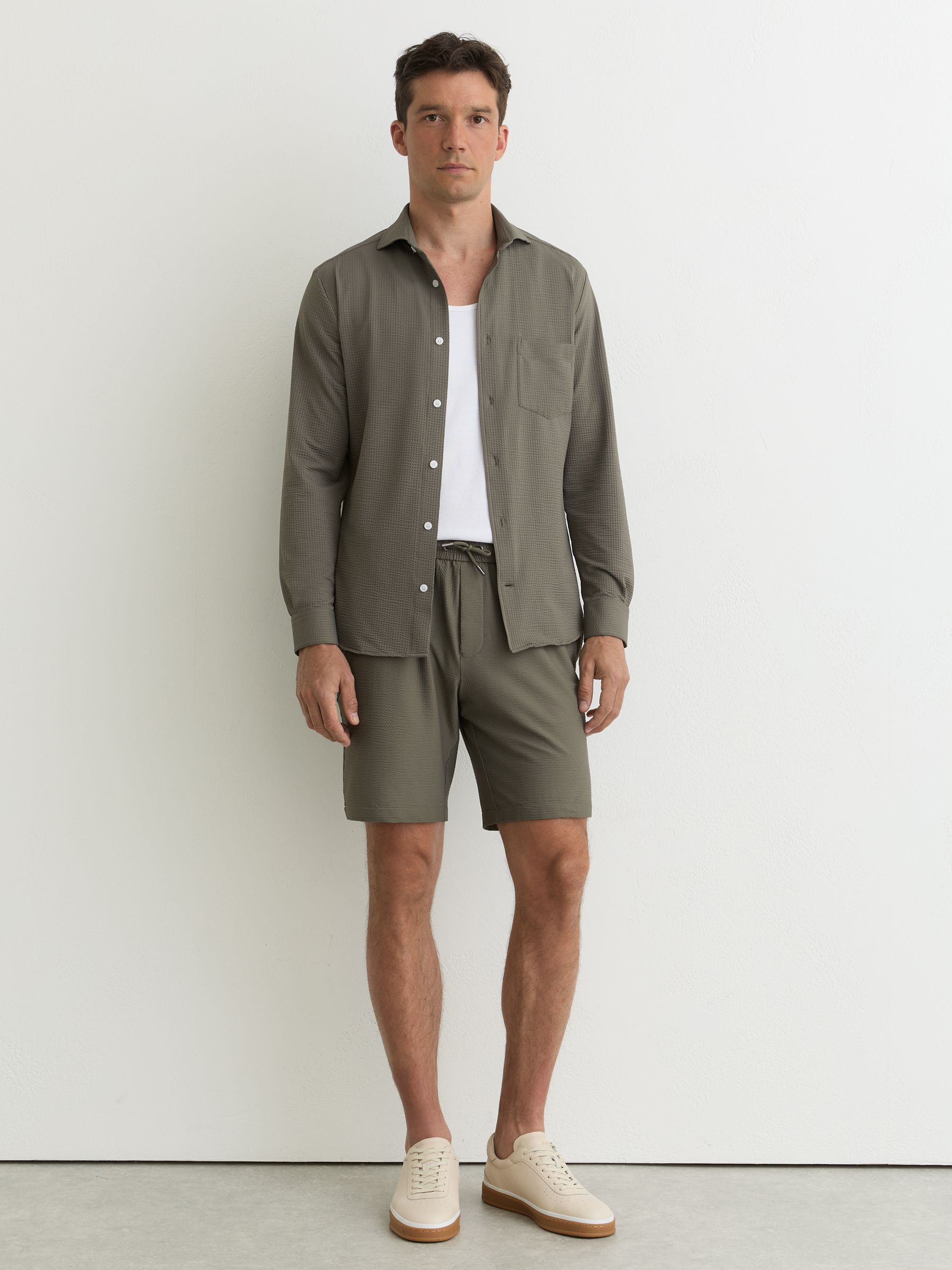 Seersucker Drawstring Shorts in Dark Sage Green - Image 1 of 6