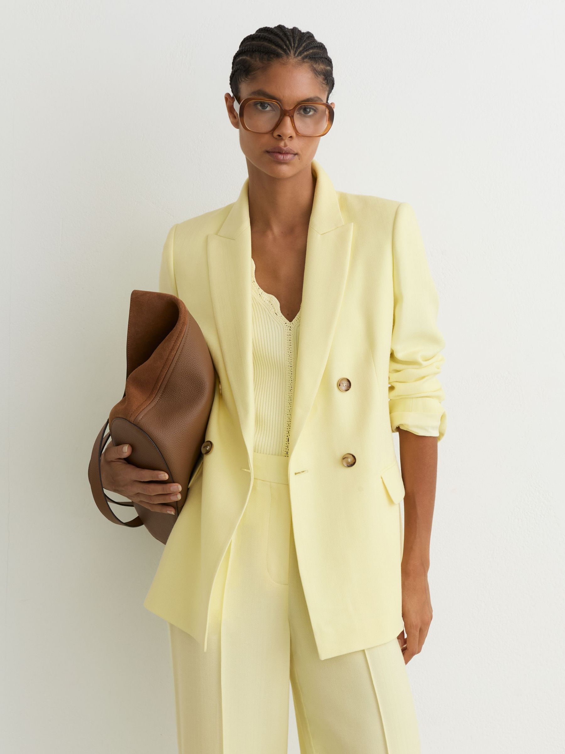 Double-Breasted Peak-Lapel Suit Jacket in Yellow - Image 1 of 8