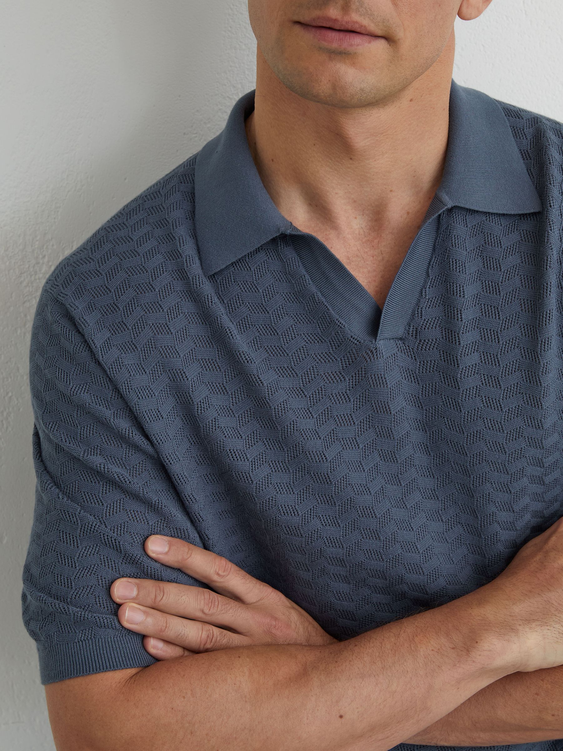 Textured-Knit Open-Collar Polo Shirt in Airforce Blue - image 2
