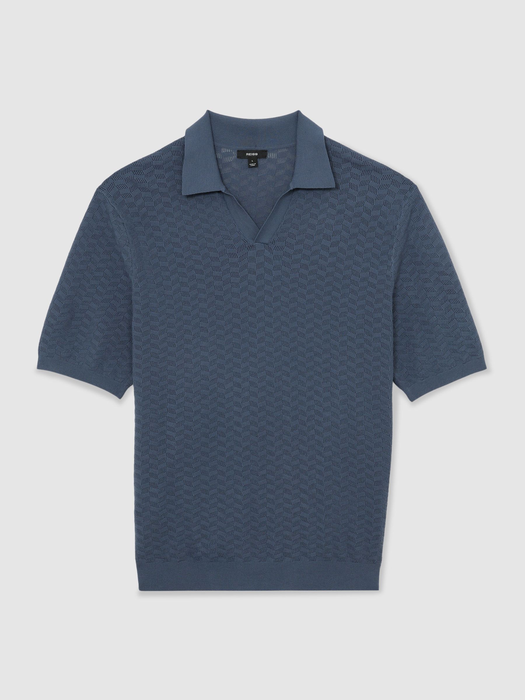 Textured-Knit Open-Collar Polo Shirt in Airforce Blue - image 1