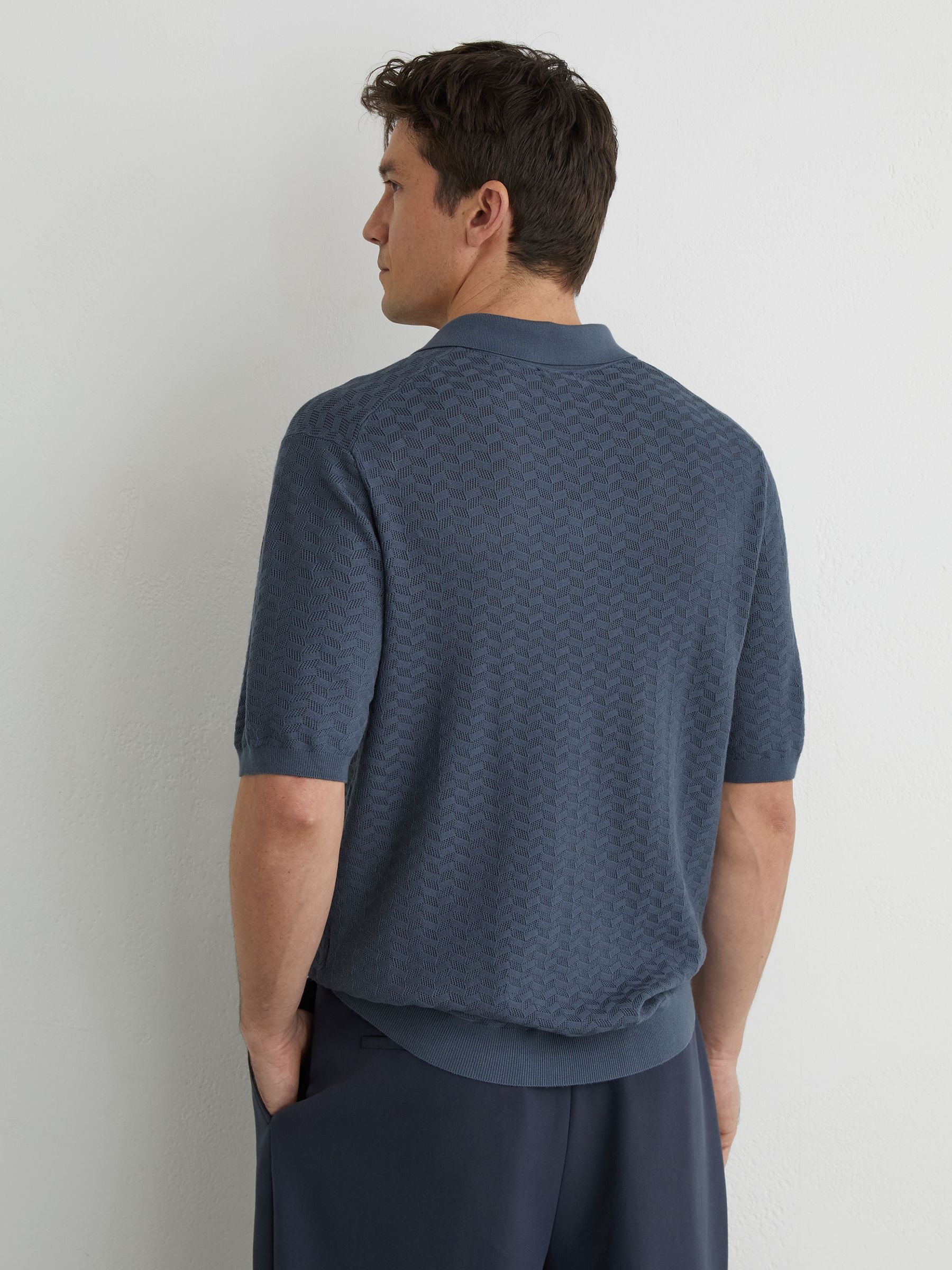 Textured-Knit Open-Collar Polo Shirt in Airforce Blue - image 5