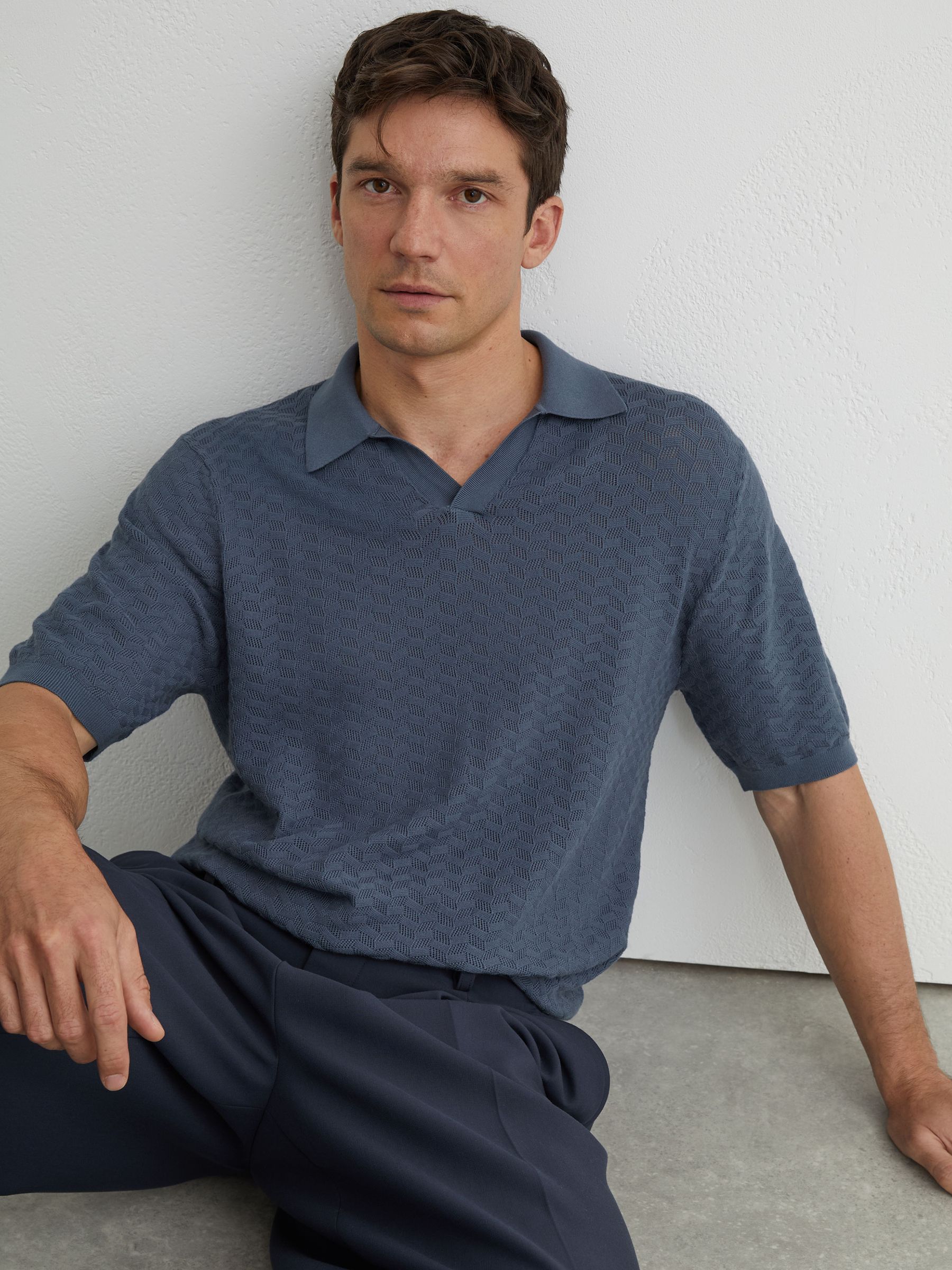 Textured-Knit Open-Collar Polo Shirt in Airforce Blue - image 4
