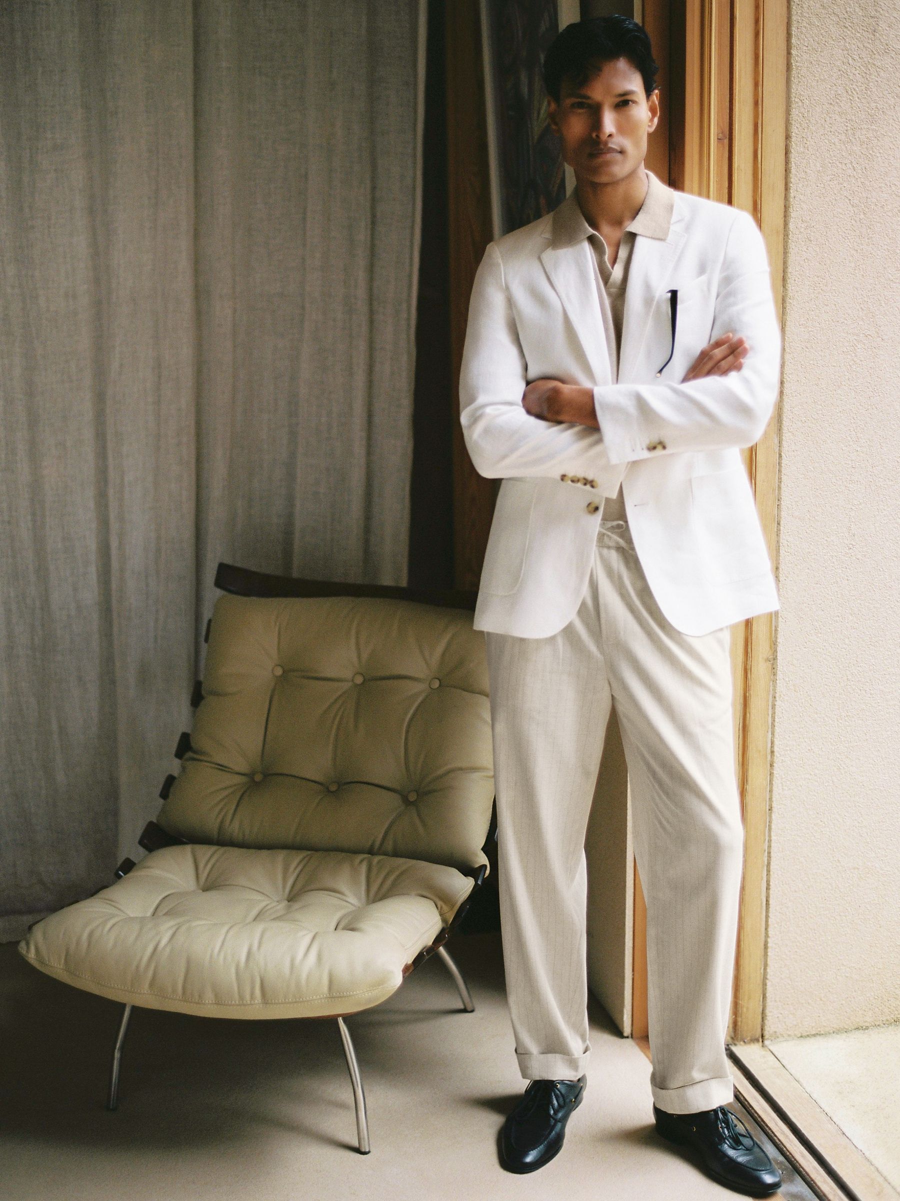 Pinstripe Tapered Drawstring Trousers with Linen in Off White - image 4