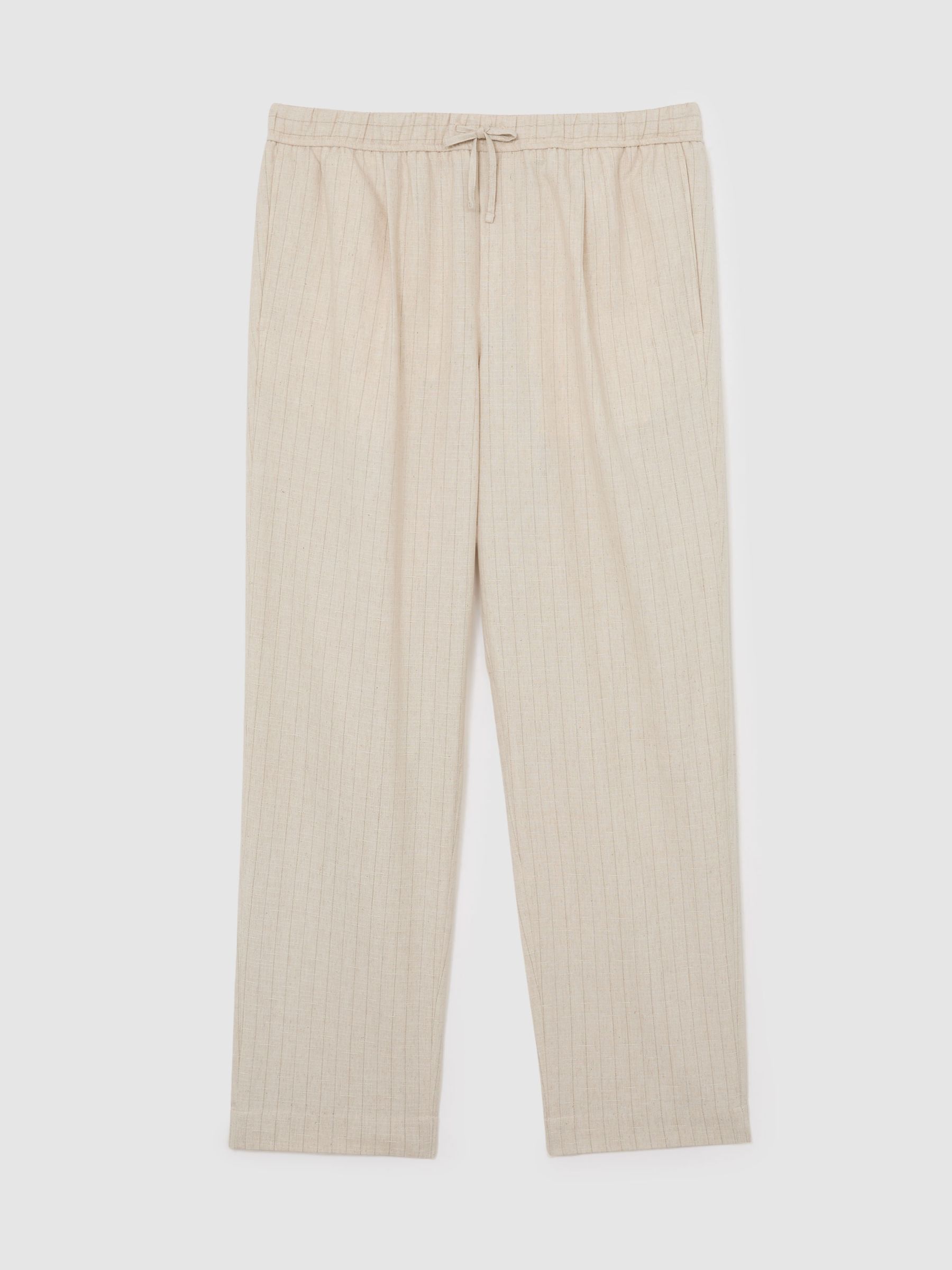 Pinstripe Tapered Drawstring Trousers with Linen in Off White