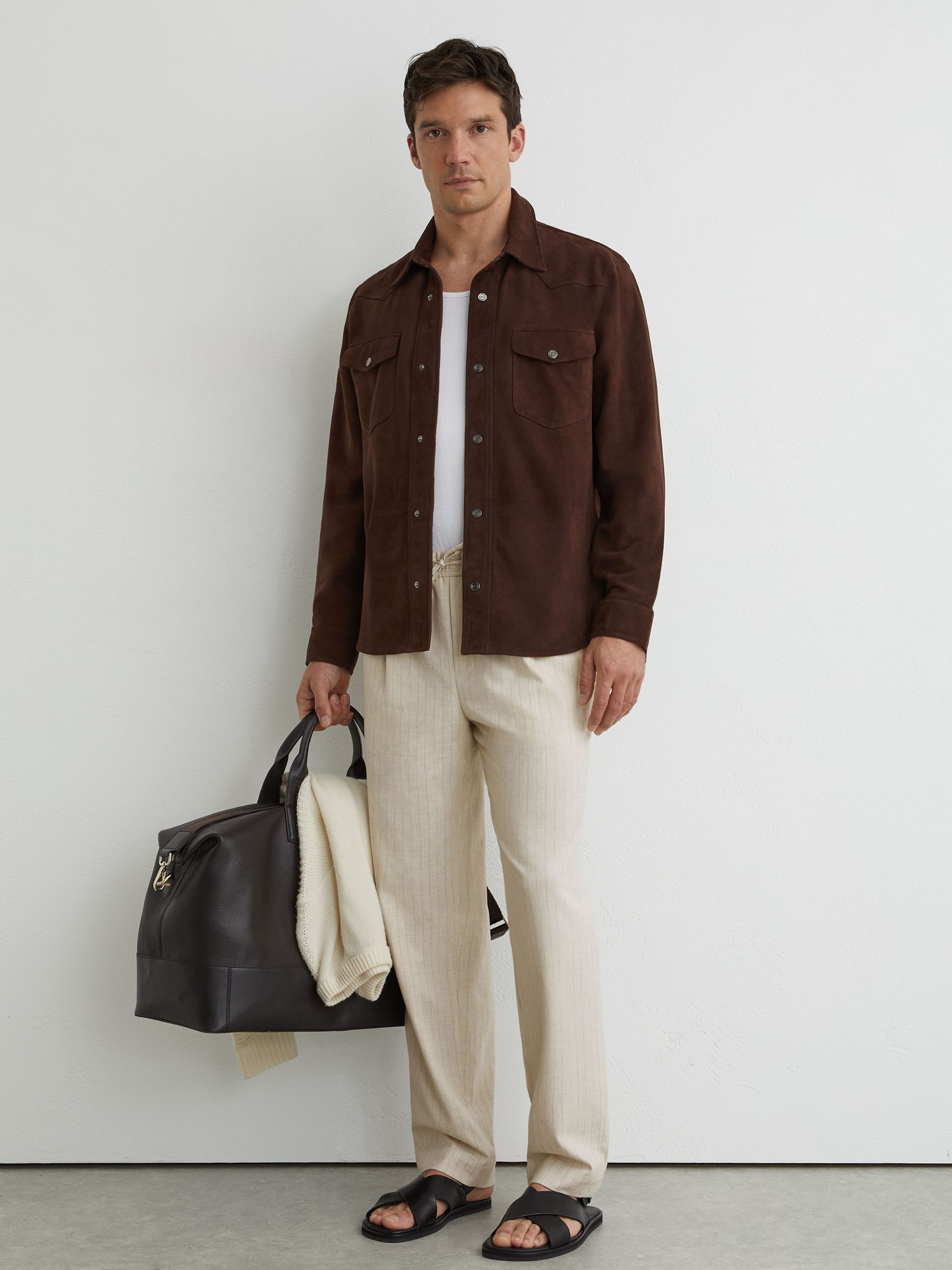 Pinstripe Tapered Drawstring Trousers with Linen in Off White - image 2