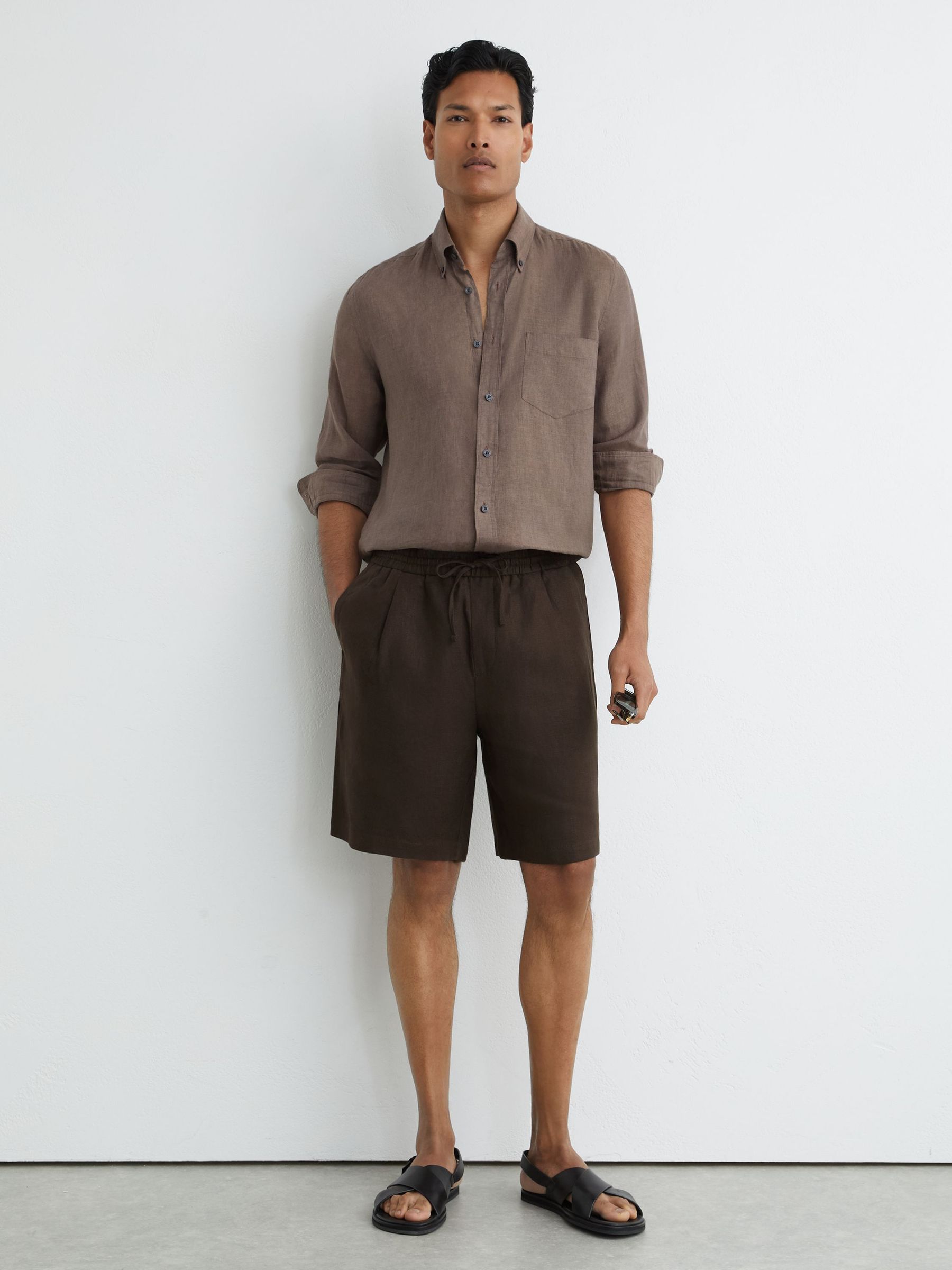 Linen Drawstring Shorts in Chocolate Brown - Image 1 of 5