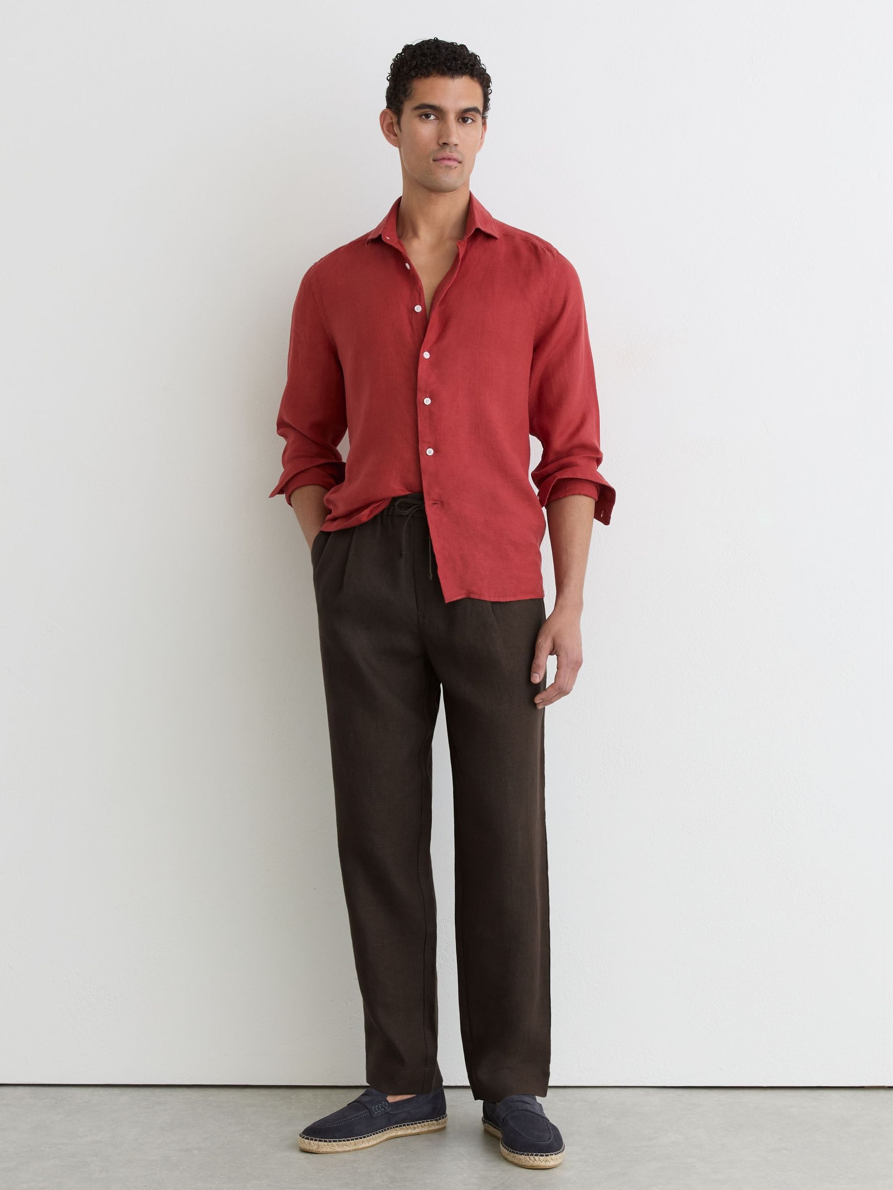 Linen Relaxed-Fit Drawstring Trousers in Chocolate Brown - Image 1 of 6