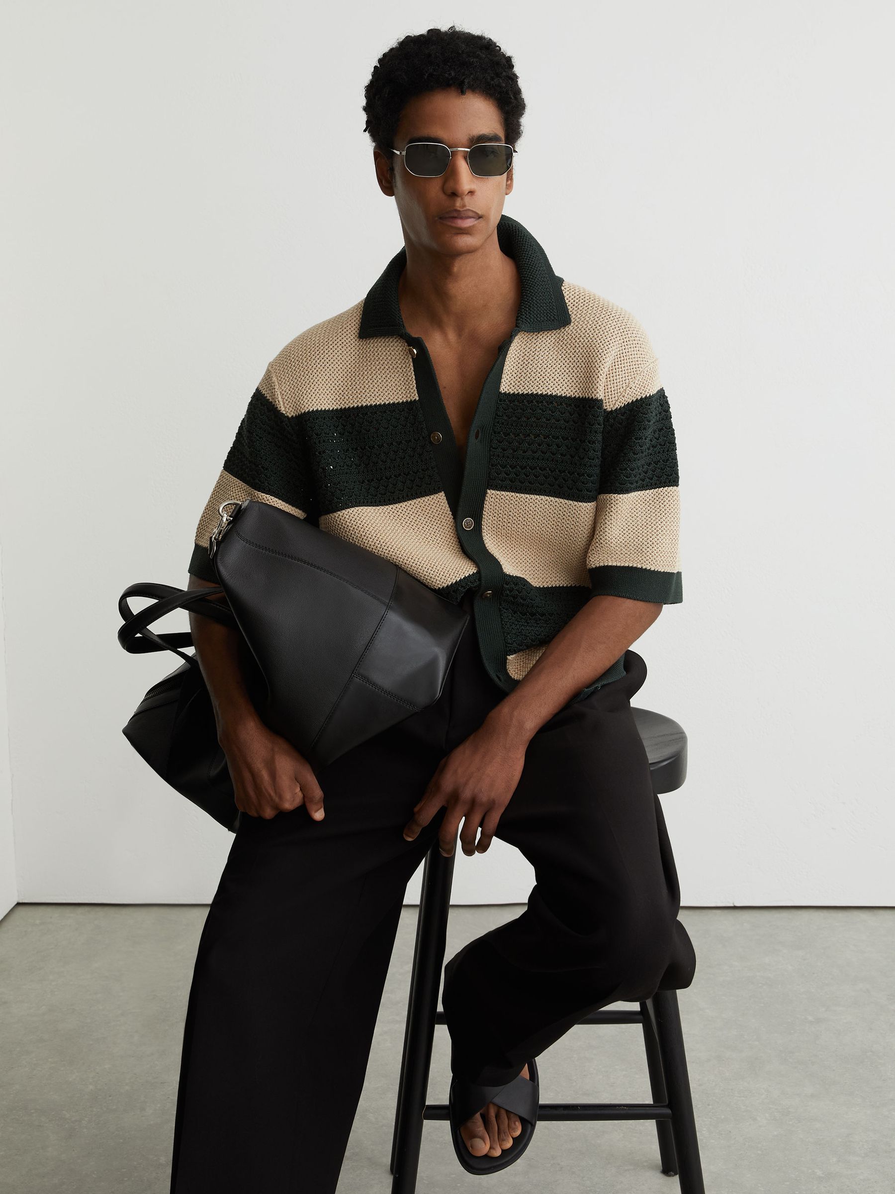 Cotton Block-Stripe Knitted Shirt in Dark Green/Camel - Image 1 of 7 Cotton Block-Stripe Knitted Shirt in Dark Green/Camel - Image 1 of 7