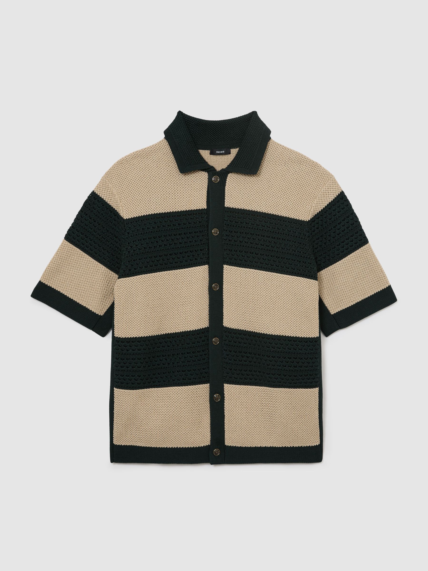 Cotton Block-Stripe Knitted Shirt in Dark Green/Camel