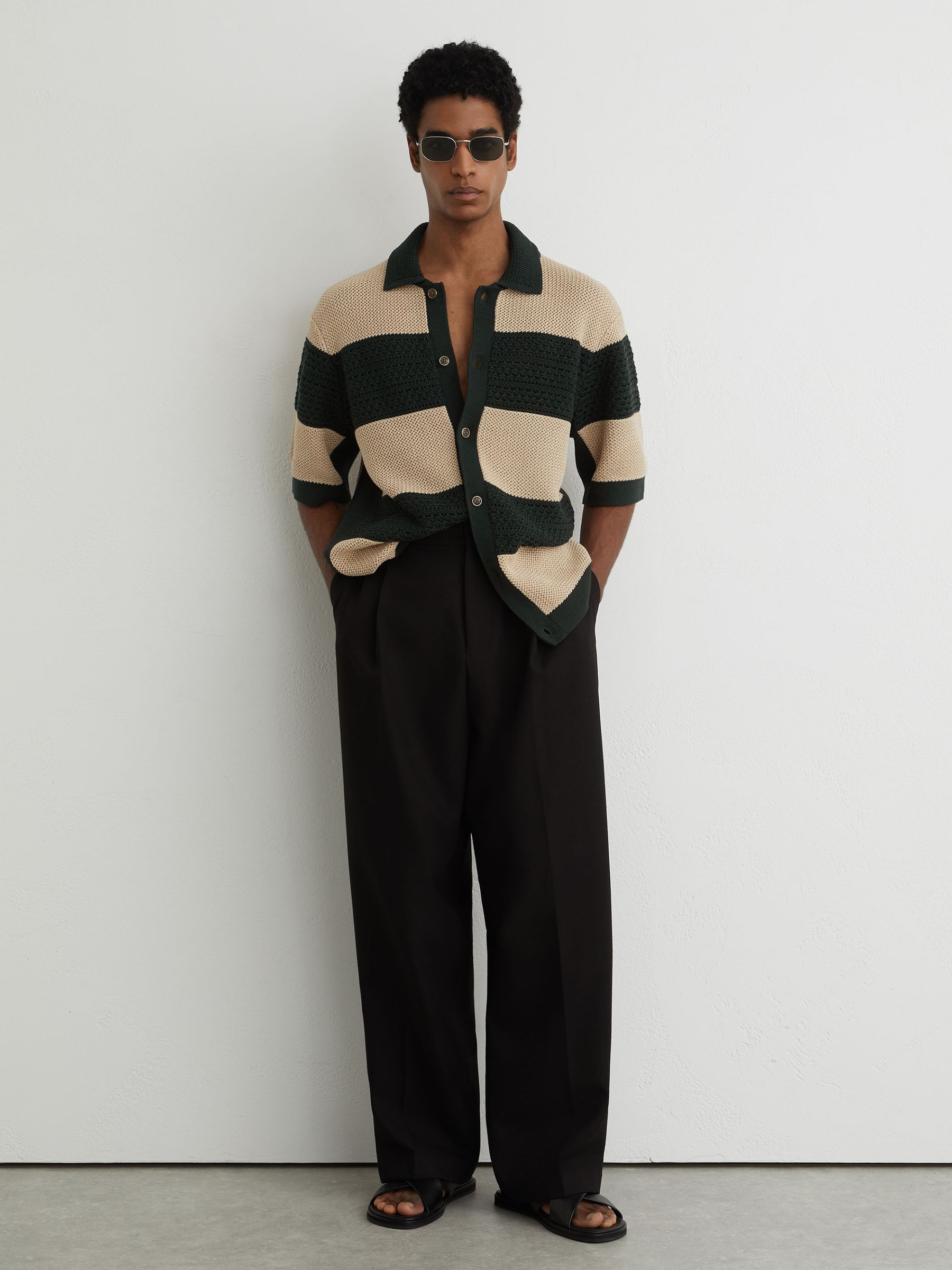 Cotton Block-Stripe Knitted Shirt in Dark Green/Camel - Image 3 of 7