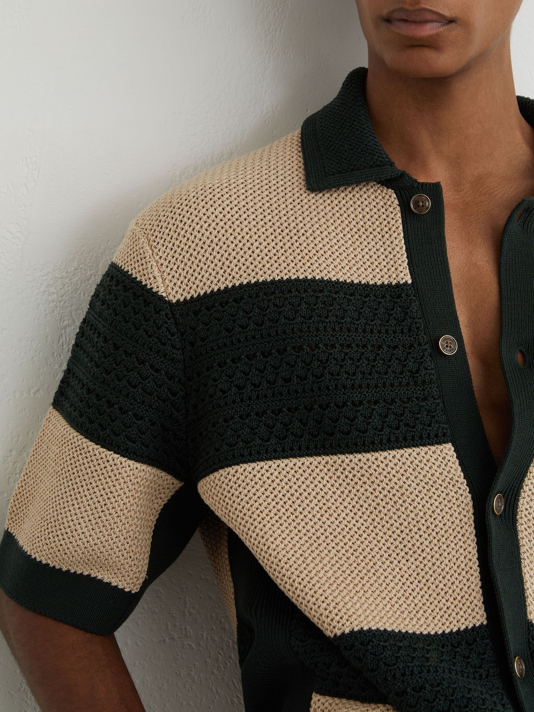 Cotton Block-Stripe Knitted Shirt in Dark Green/Camel - Image 4 of 7