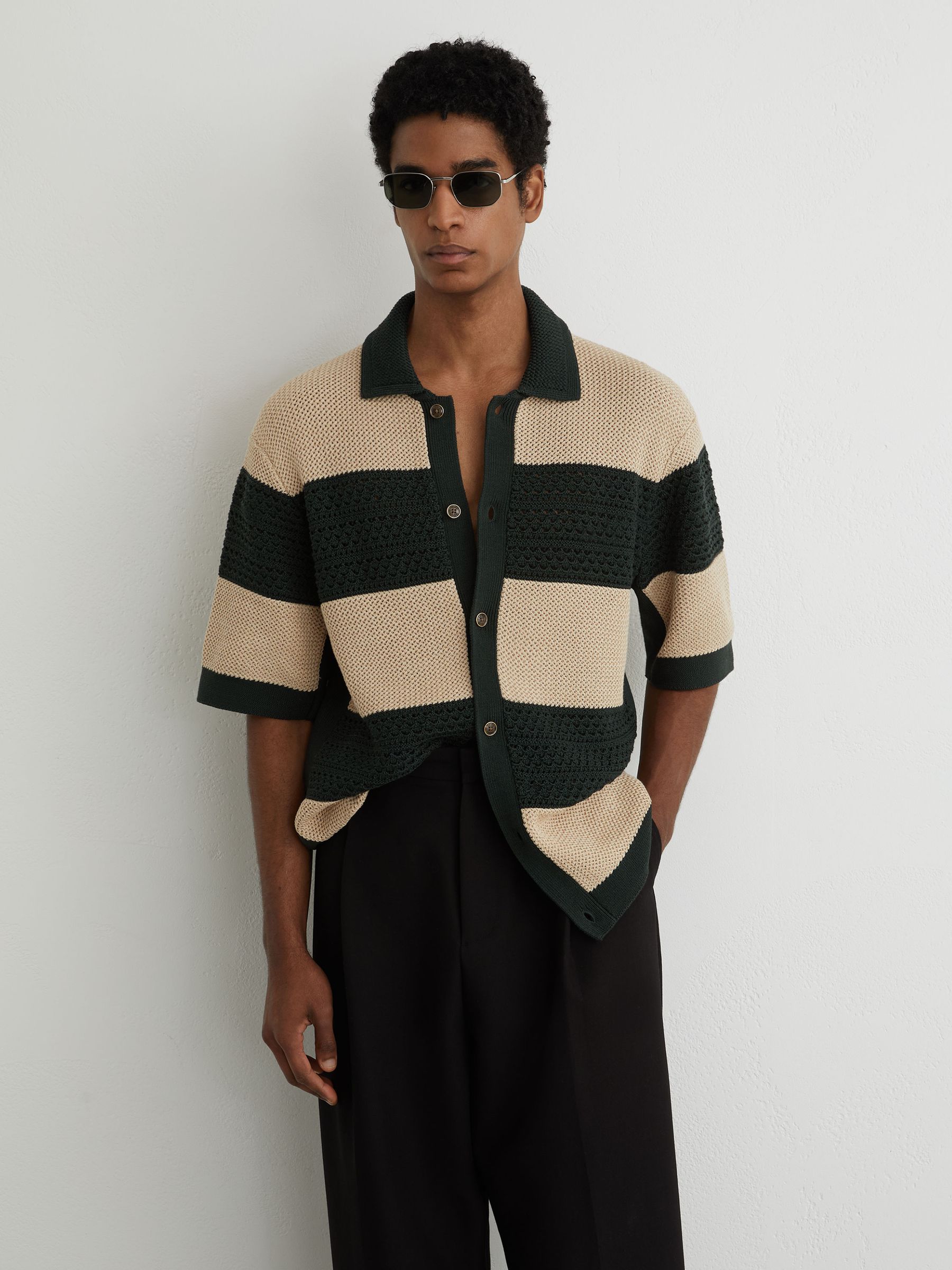 Cotton Block-Stripe Knitted Shirt in Dark Green/Camel - image 5