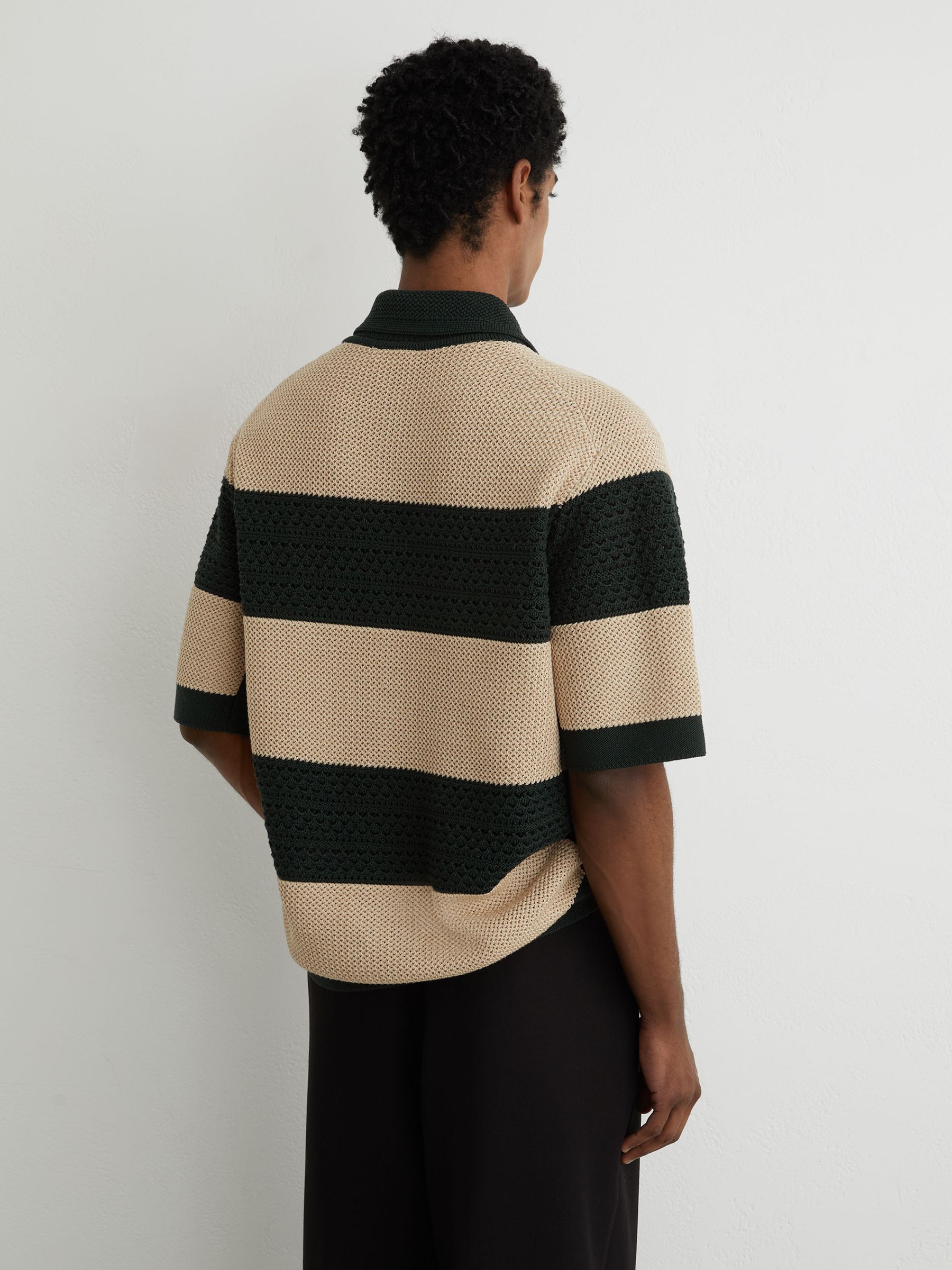 Cotton Block-Stripe Knitted Shirt in Dark Green/Camel - Image 6 of 7