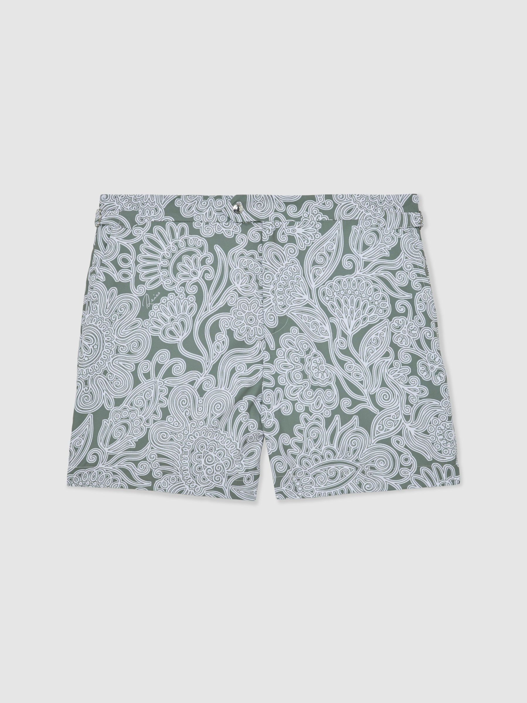 Paisley-Print Side-Adjuster Swim Shorts in Sage Green - Image 2 of 6