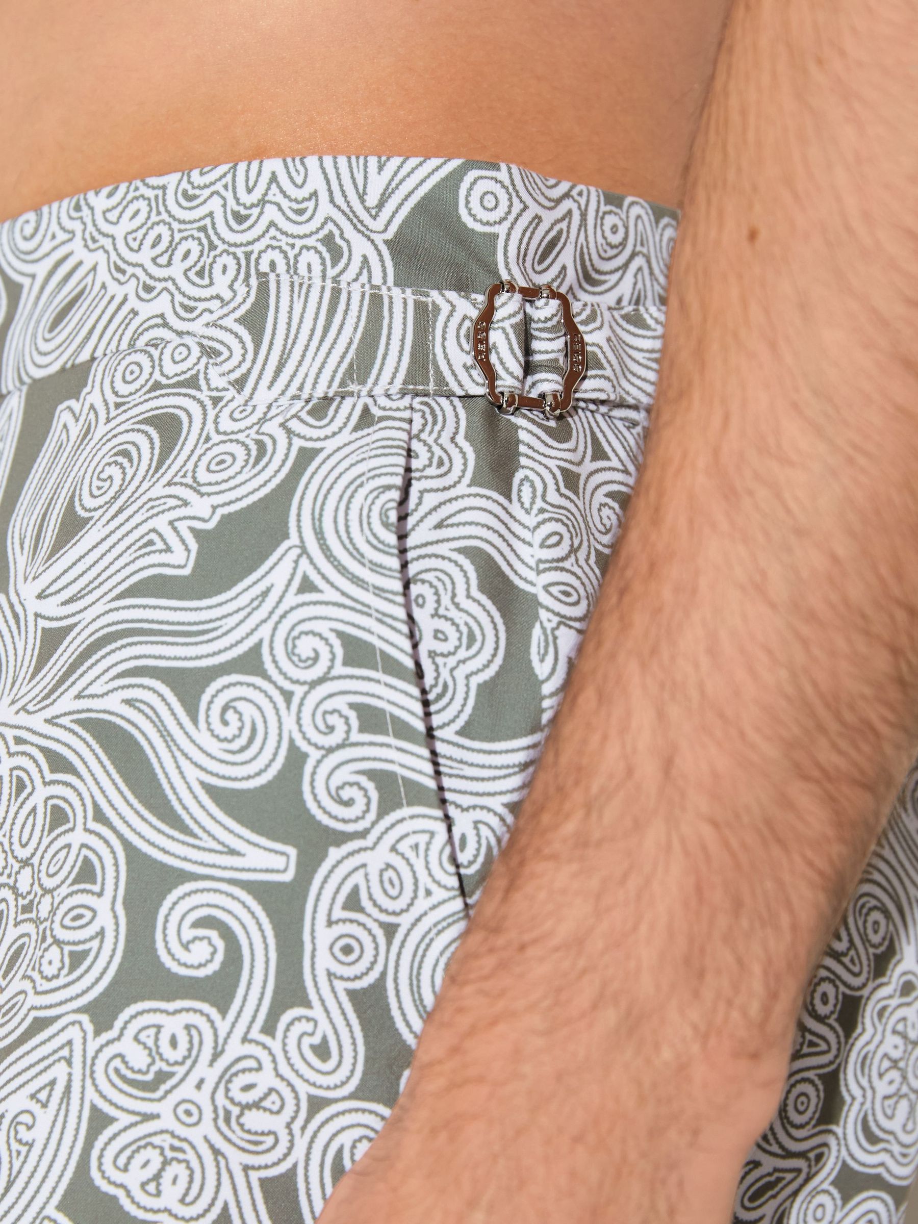 Paisley-Print Side-Adjuster Swim Shorts in Sage Green - Image 3 of 6