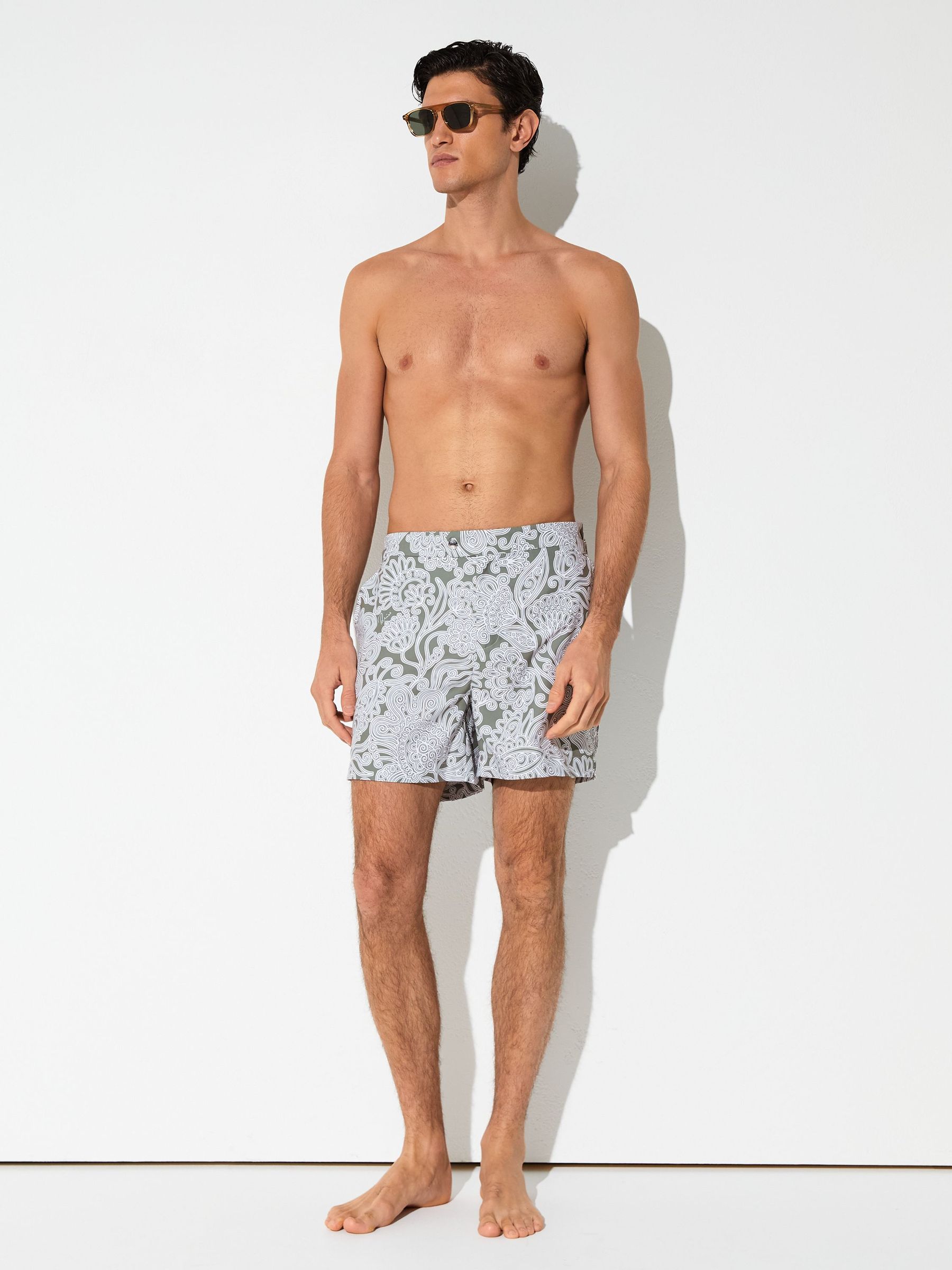 Paisley-Print Side-Adjuster Swim Shorts in Sage Green - image 5