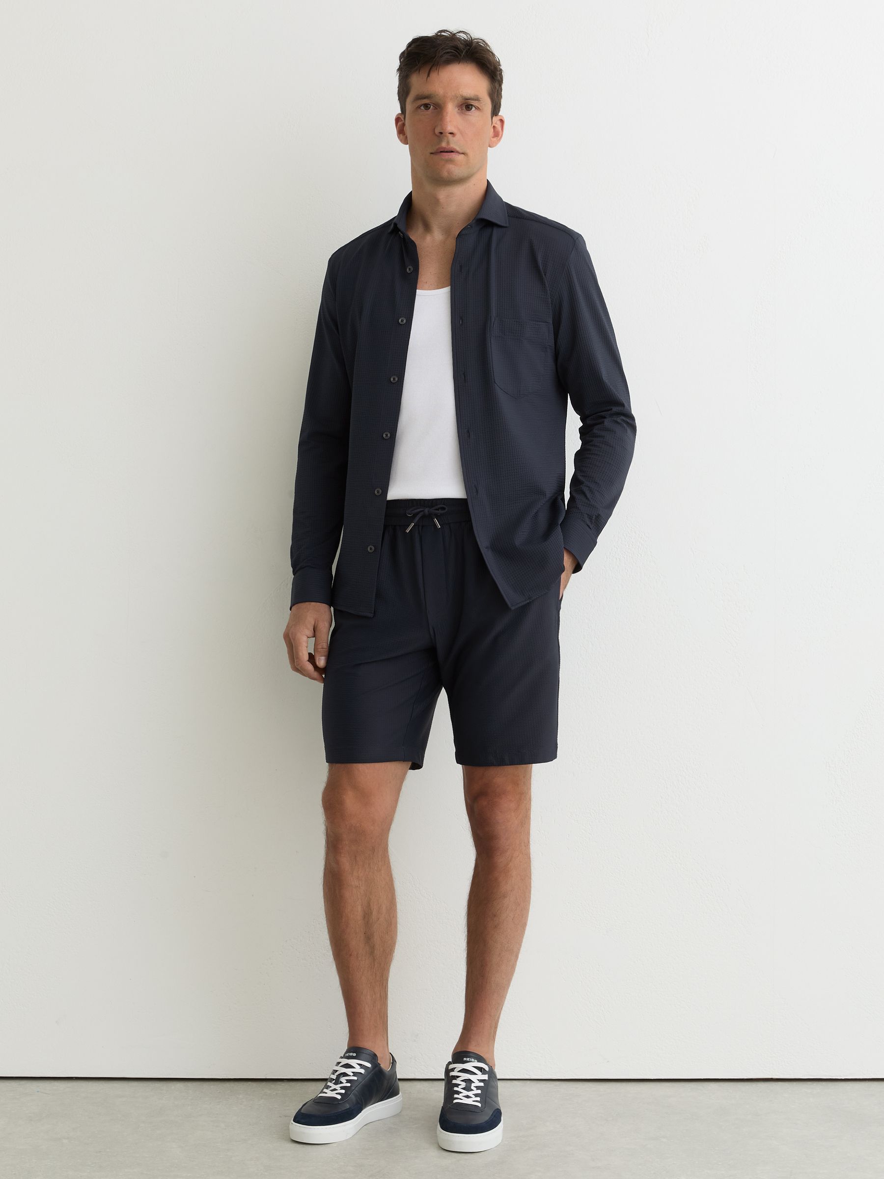 Seersucker Drawstring Shorts in Navy - Image 1 of 6