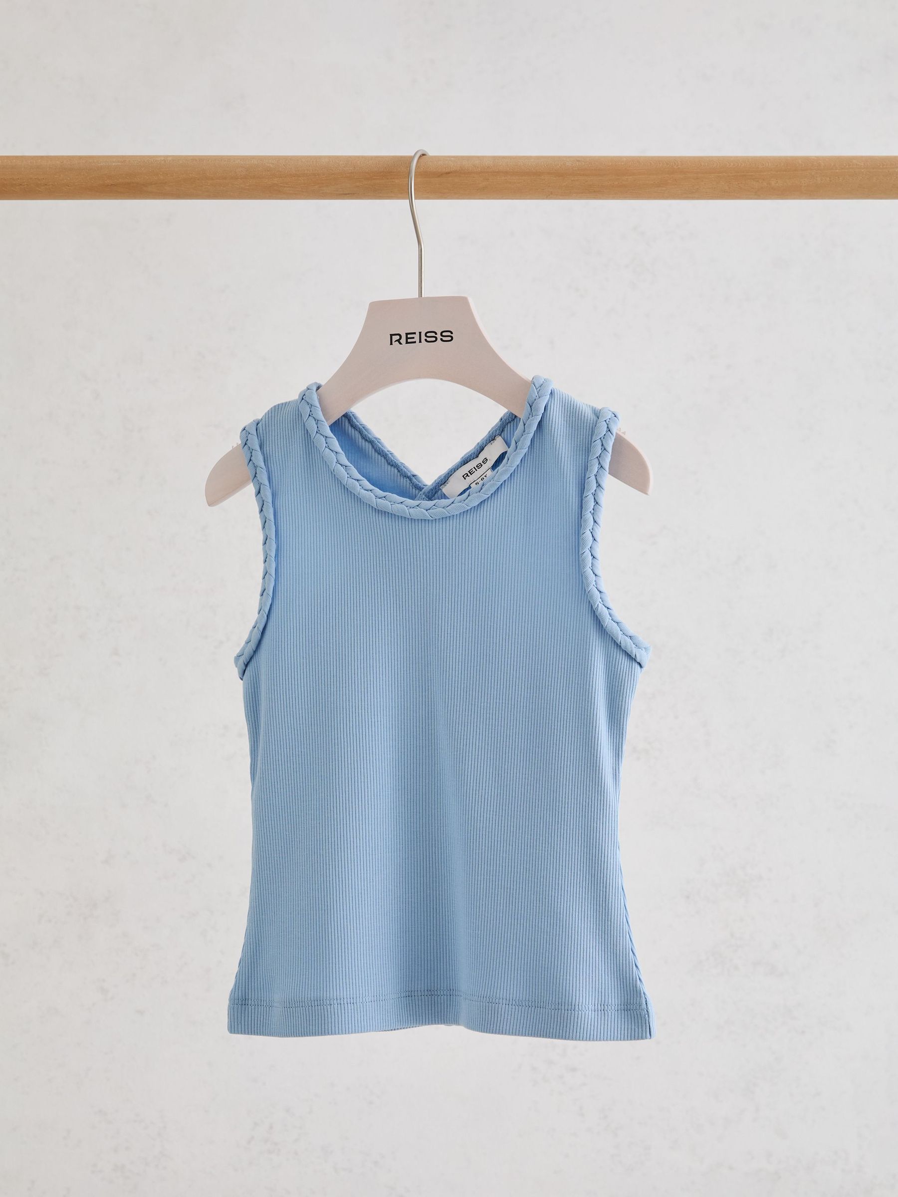 13-14 yrs Cotton Plaited-Trim Cross-Back Vest in Pale Blue - Image 2 of 3