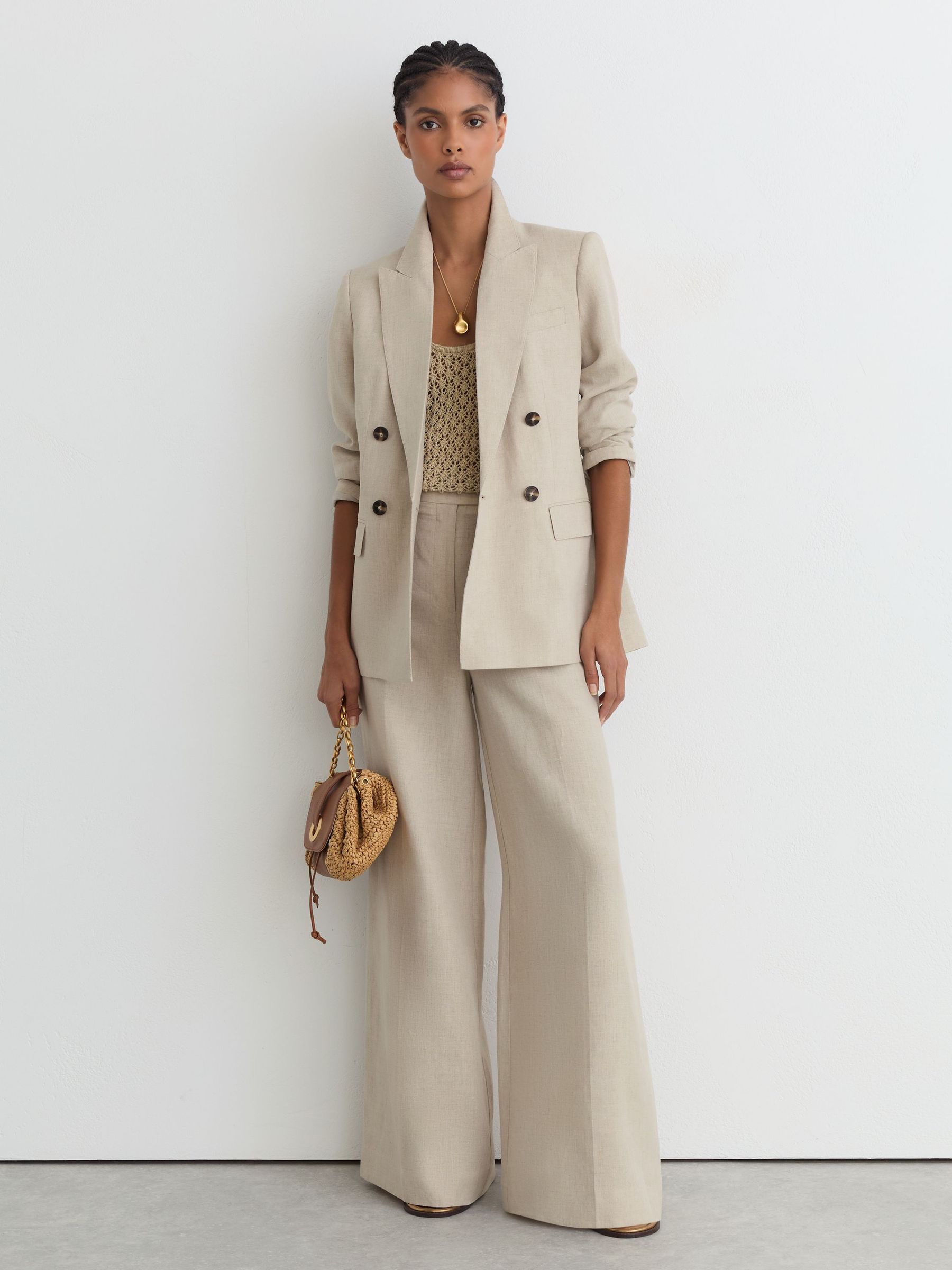 Petite Linen Double-Breasted Suit Blazer in Neutral - Image 1 of 9