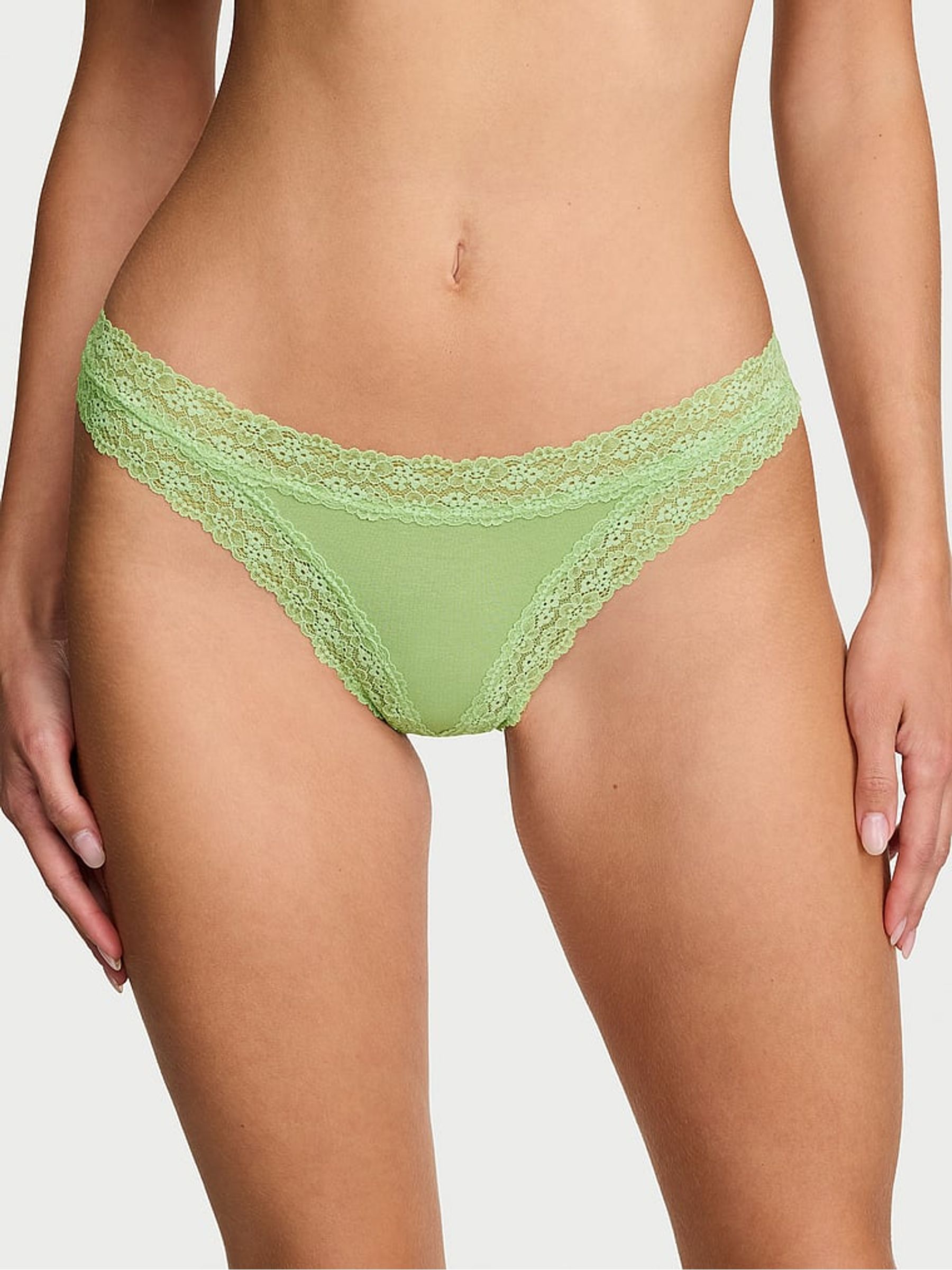 Green Sherbert Thong Cotton Lace Trim Knickers - Image 1 of 3