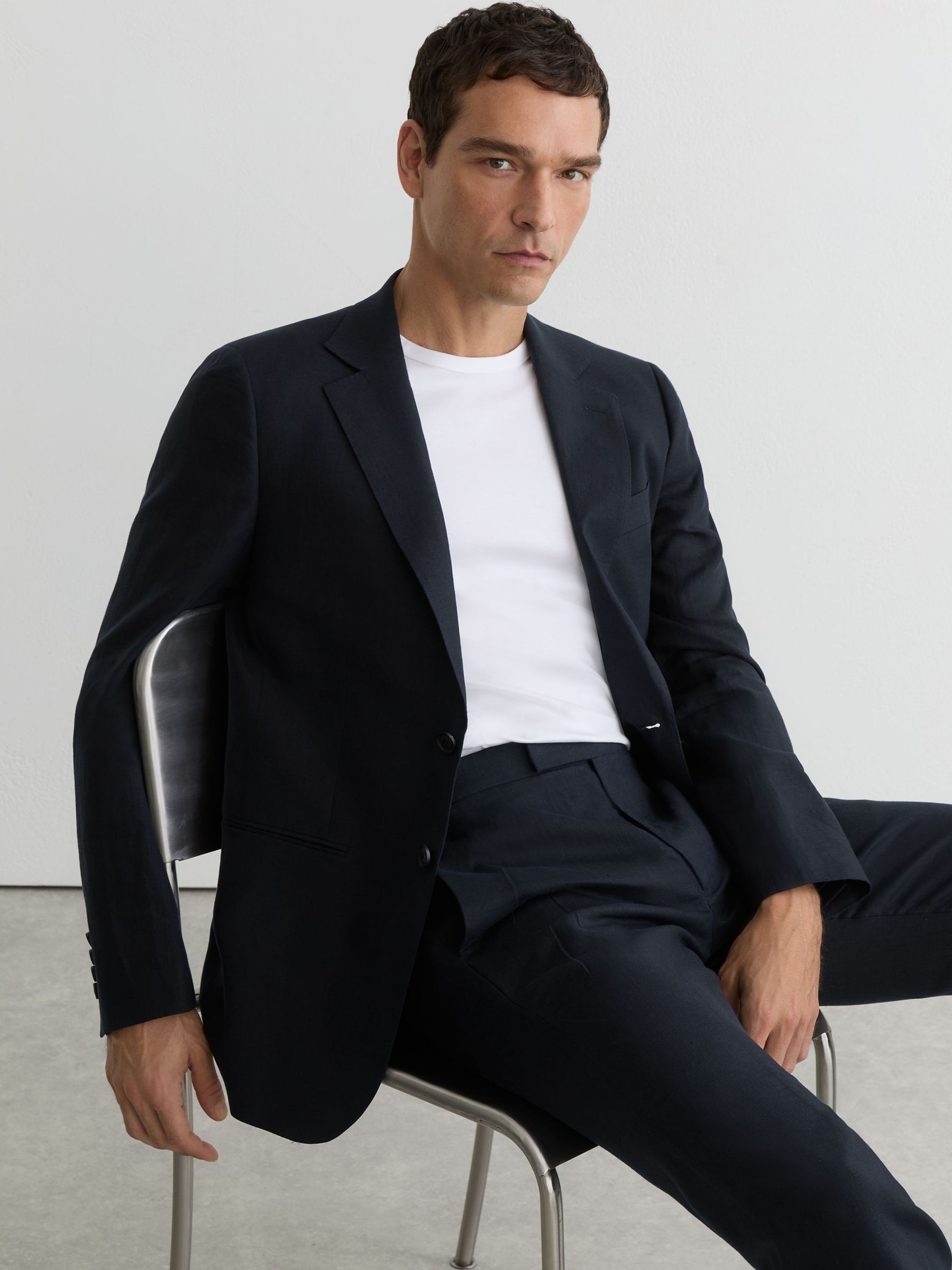 Classic Fit Single Breasted Linen Blazer in Navy - image 3
