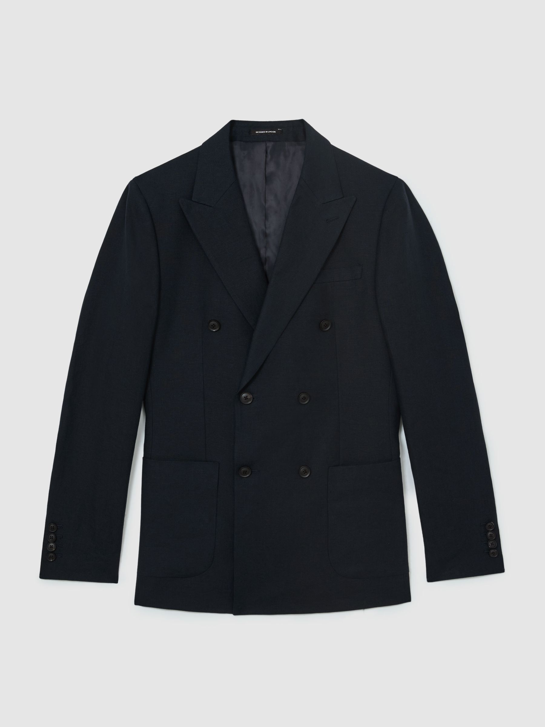 Linen Double-Breasted Suit Blazer Tailored-Fit in Navy - Image 2 of 9