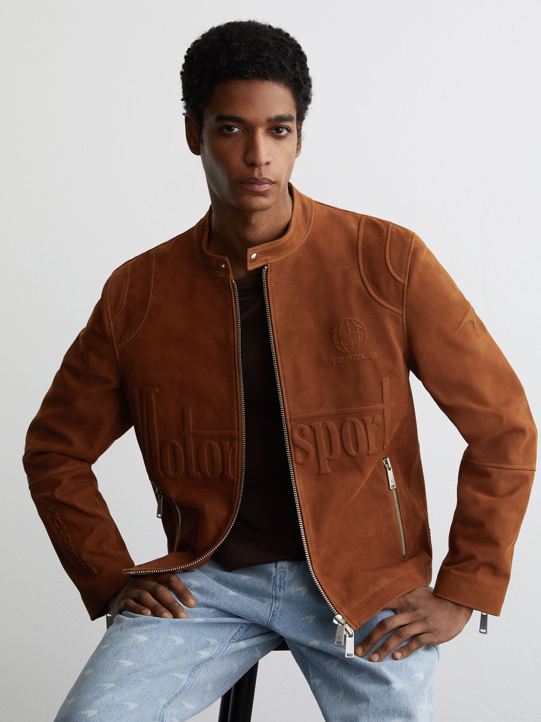 McLaren Racing Embossed Suede Jacket in Tobacco Brown - Image 1 of 9