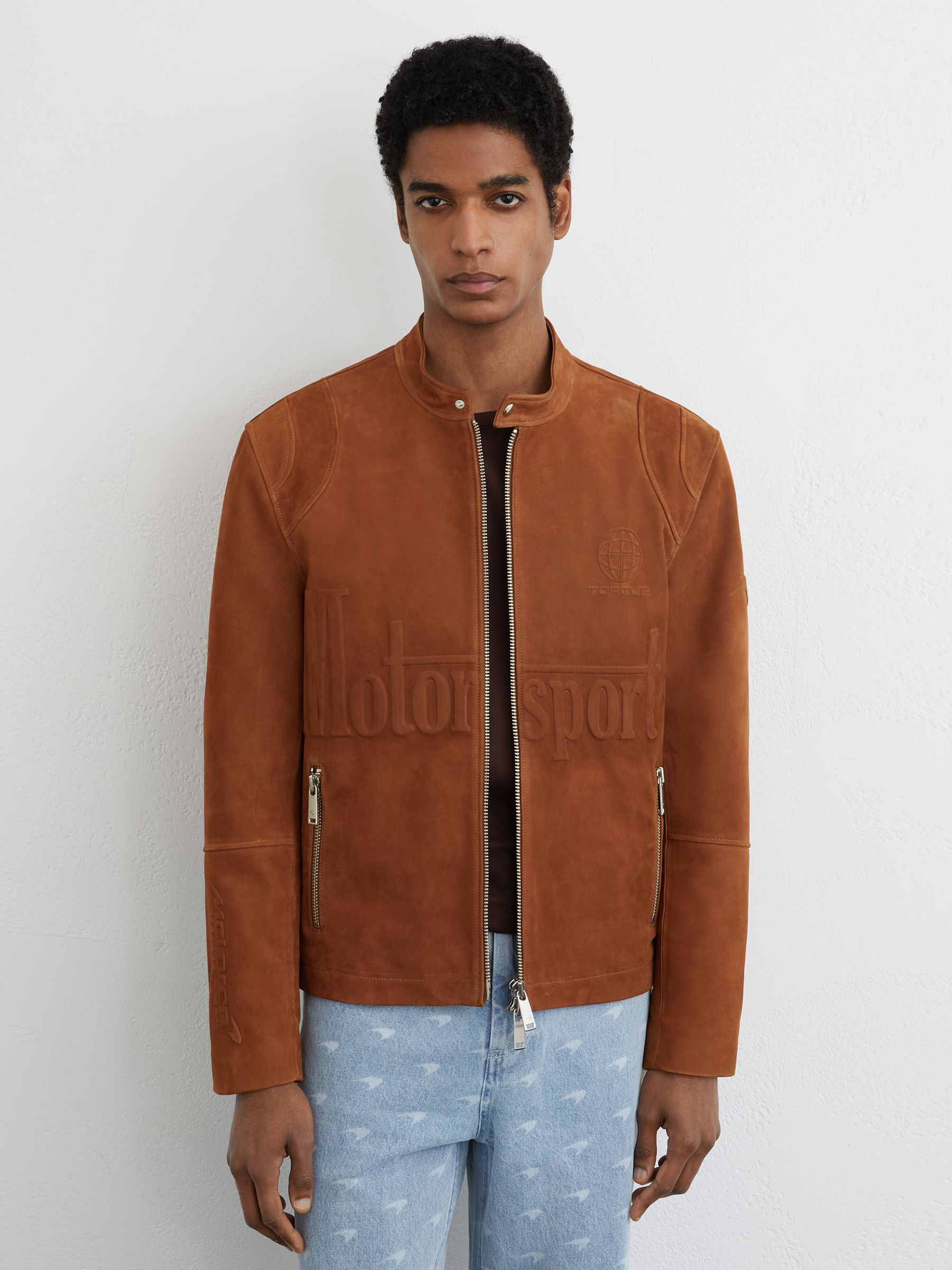 McLaren Racing Embossed Suede Jacket in Tobacco Brown - Image 5 of 9