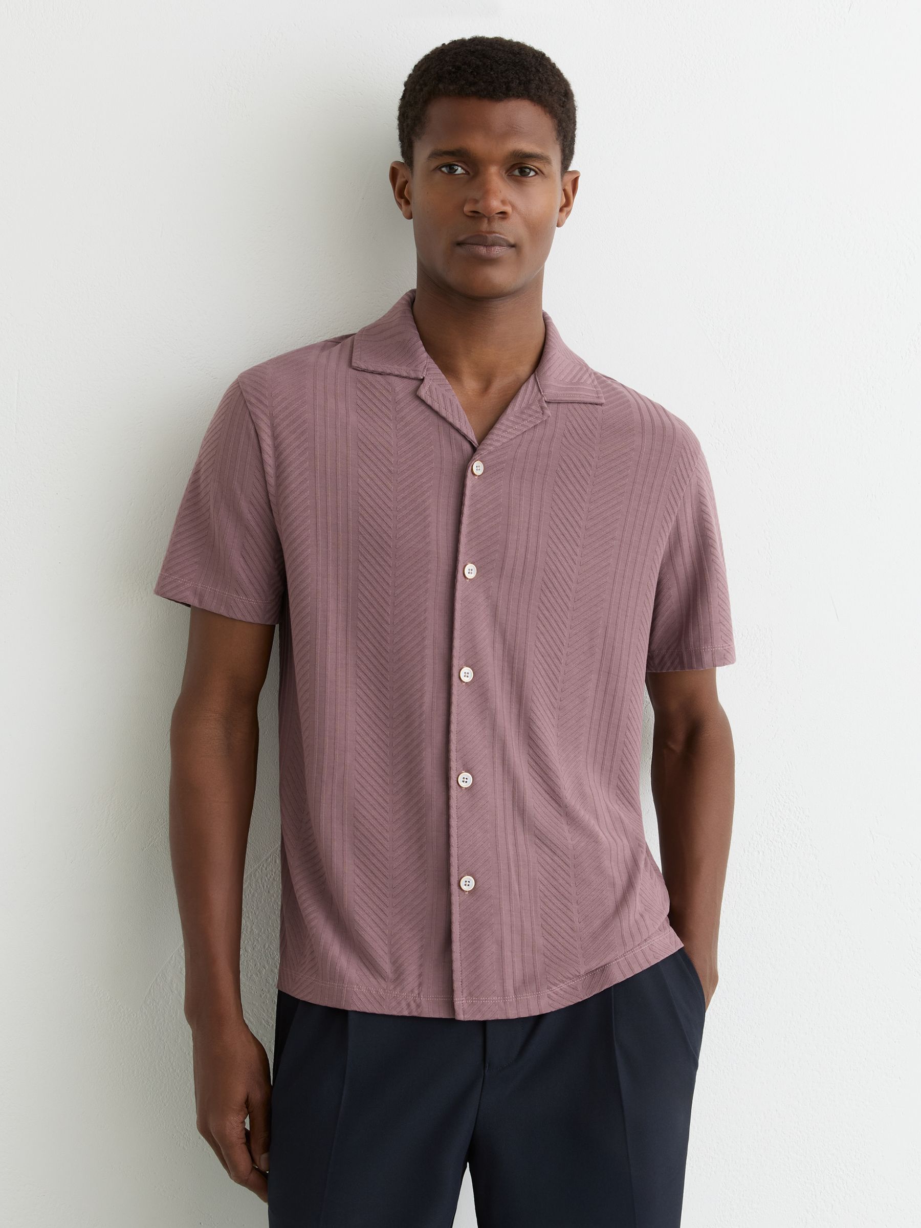 Jacquard Cuban-Collar Shirt in Rose Pink - Image 1 of 6