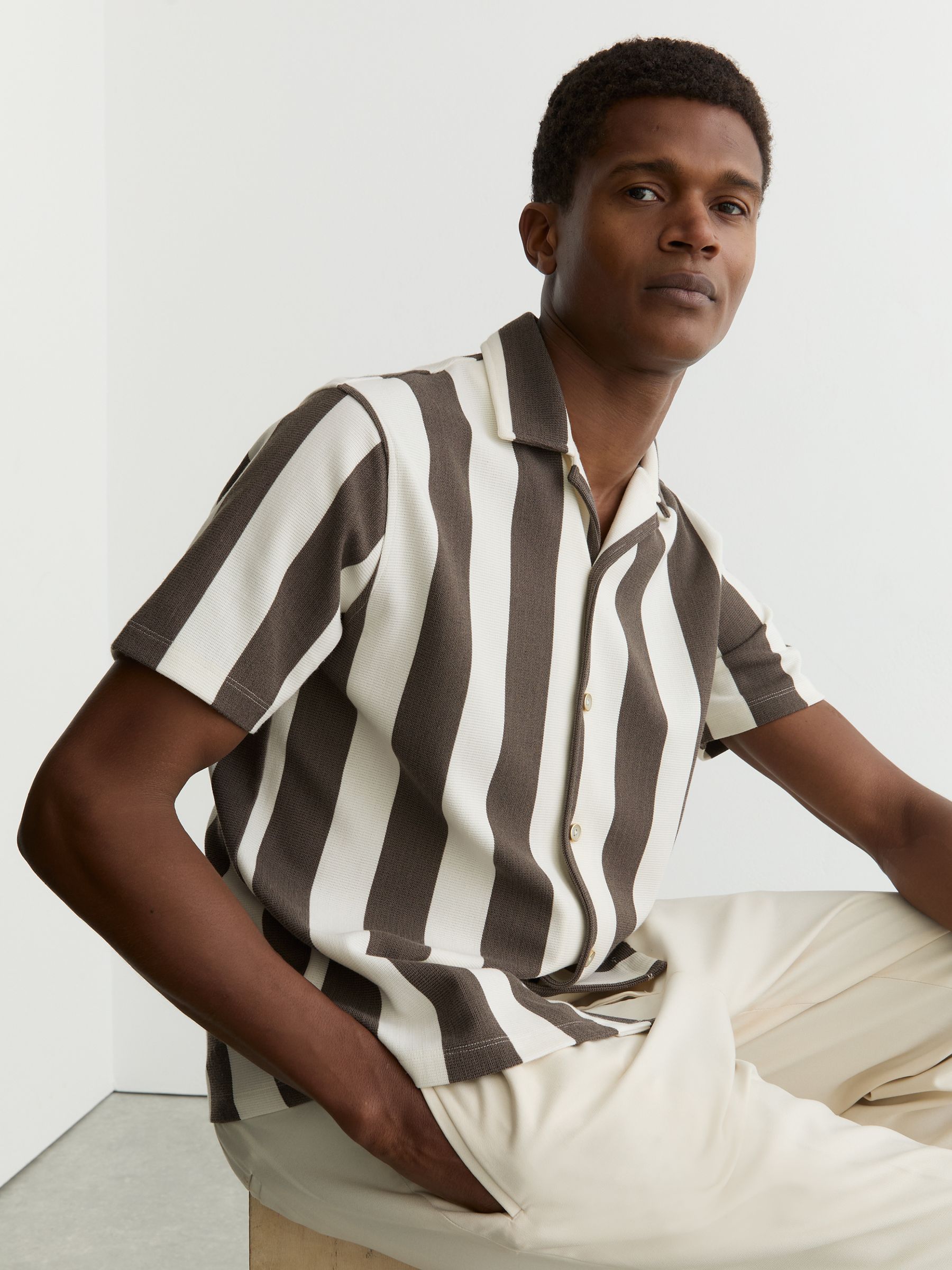 Block-Stripe Cuban-Collar Shirt in Brown/Off White - Image 1 of 7