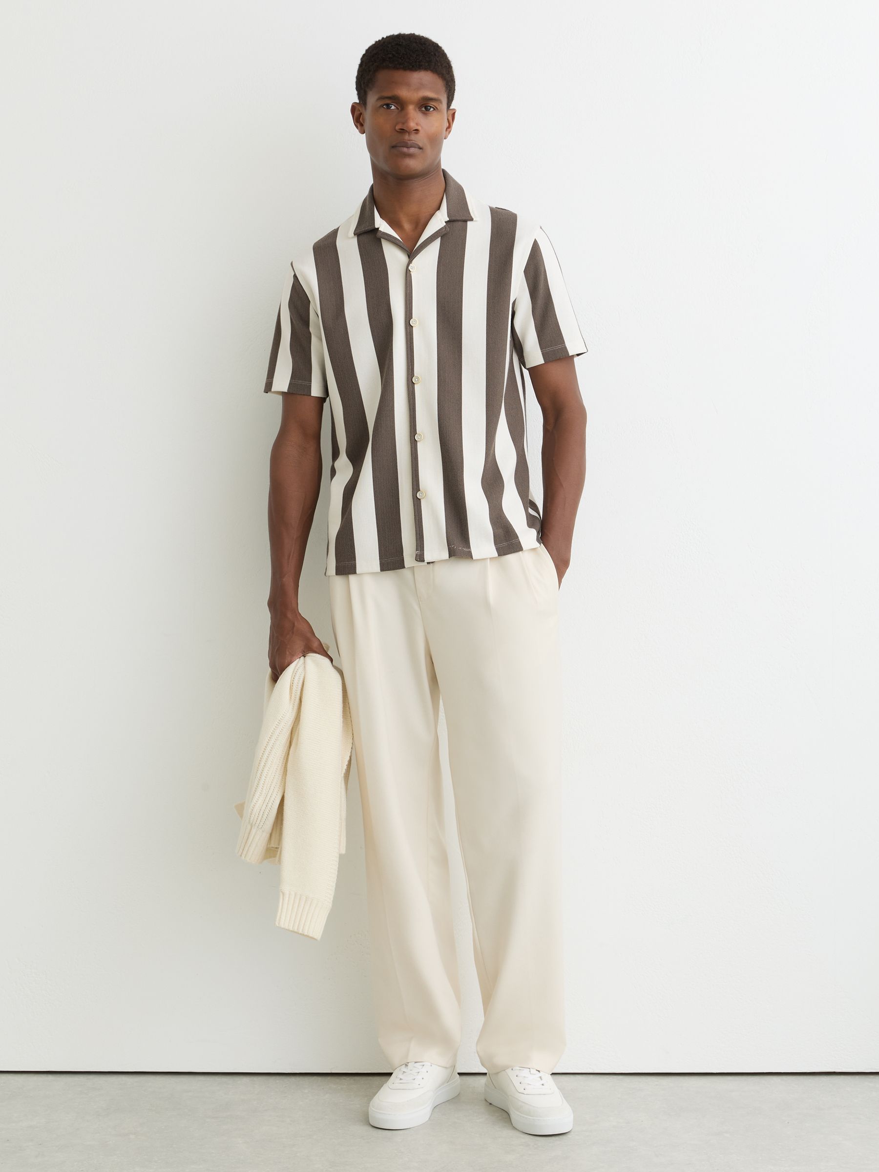 Block-Stripe Cuban-Collar Shirt in Brown/Off White - Image 3 of 7