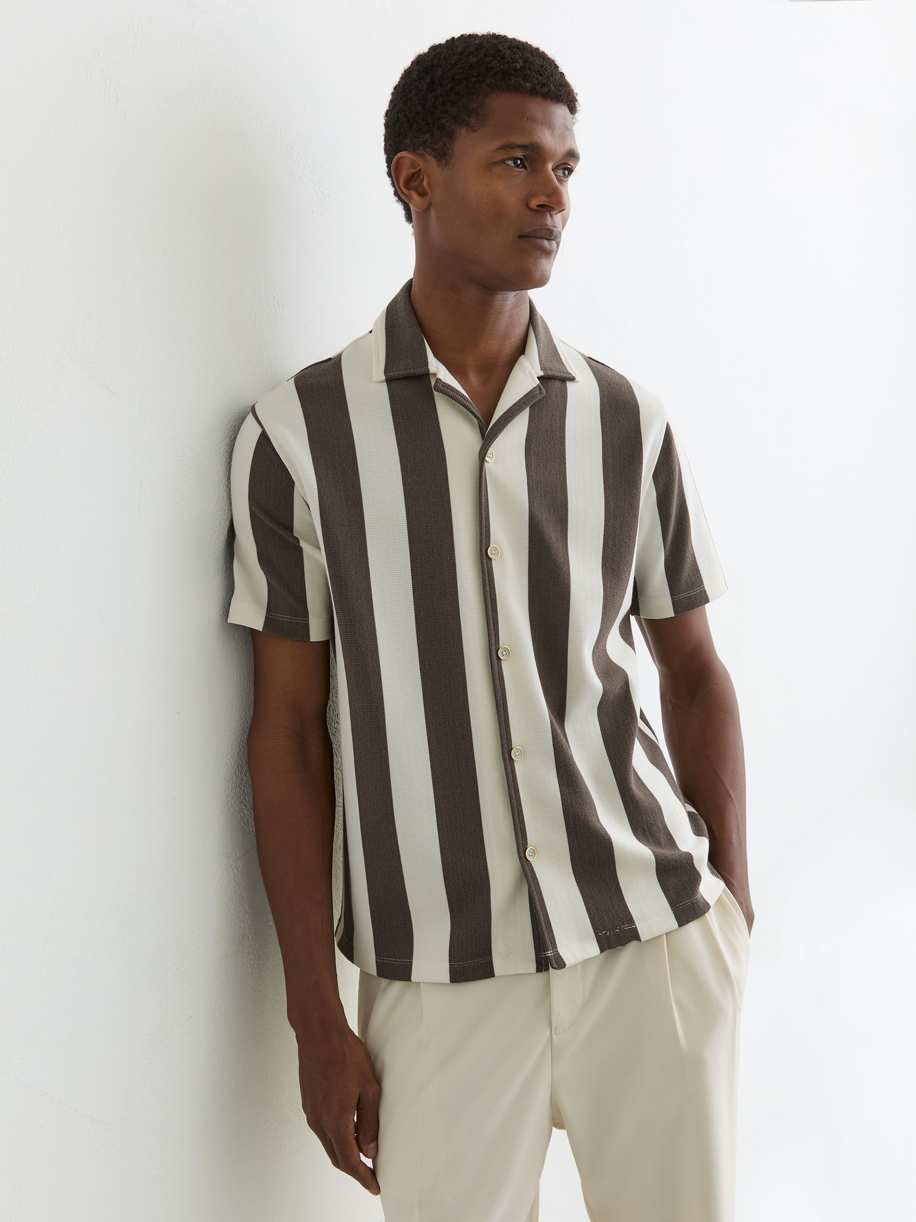 Block-Stripe Cuban-Collar Shirt in Brown/Off White - Image 4 of 7