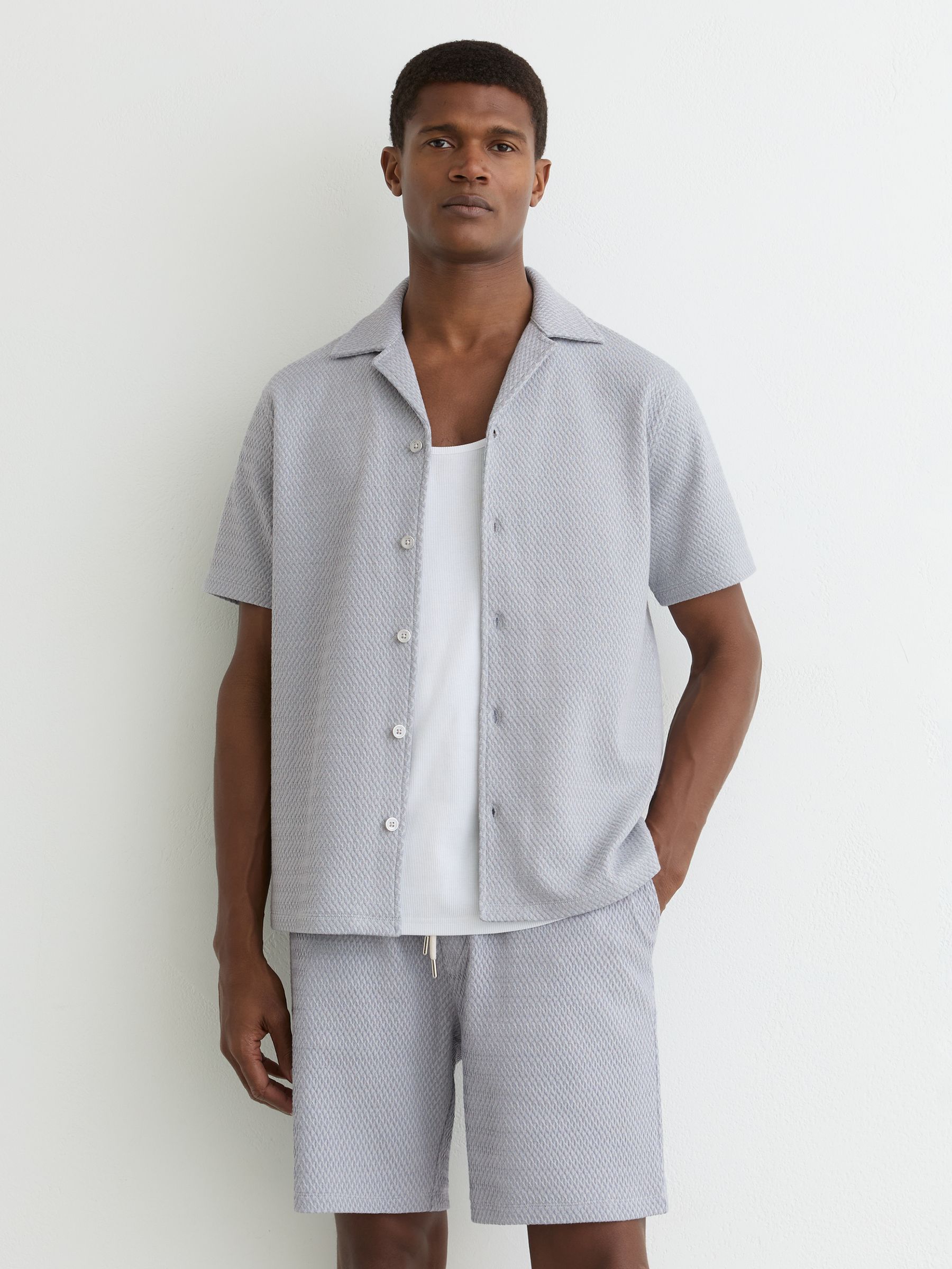 Jacquard Textured Drawstring Shorts in Soft Blue - Image 1 of 7