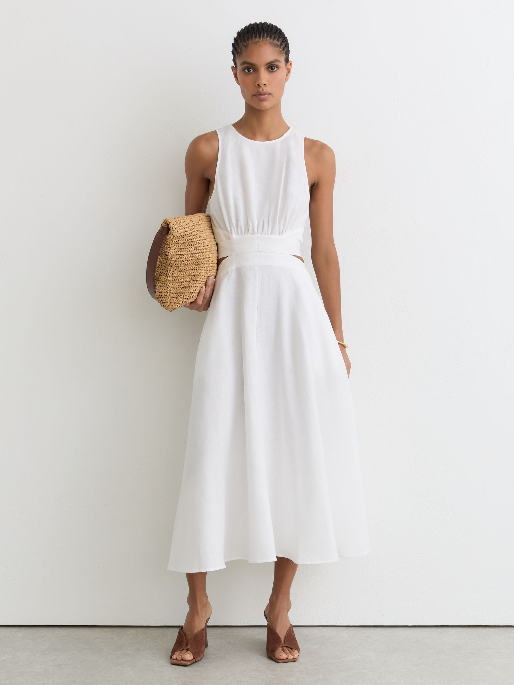 Linen-Cotton Cut-Out Midi Dress in Ivory - Image 1 of 7