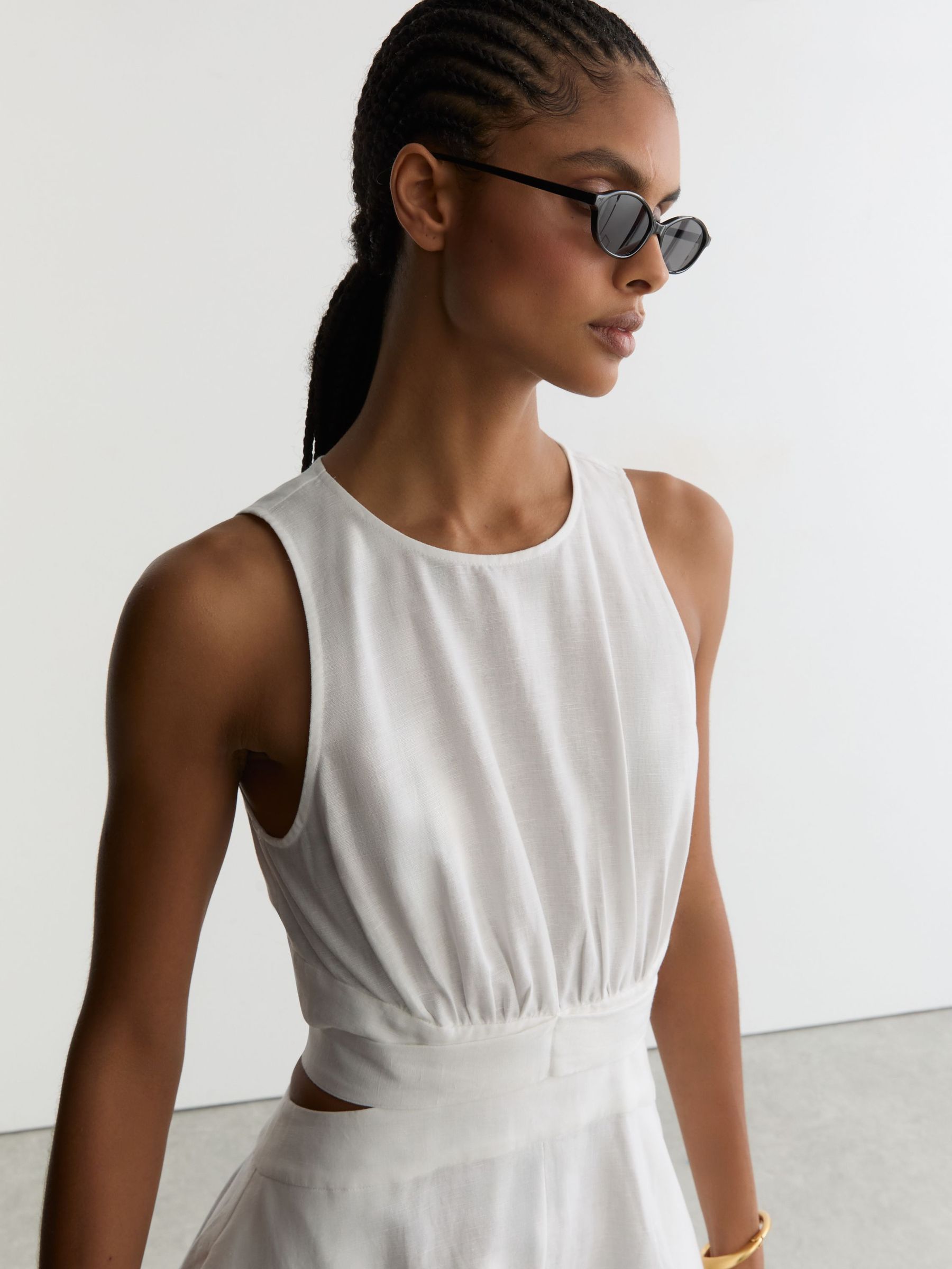 Linen-Cotton Cut-Out Midi Dress in Ivory - Image 6 of 7