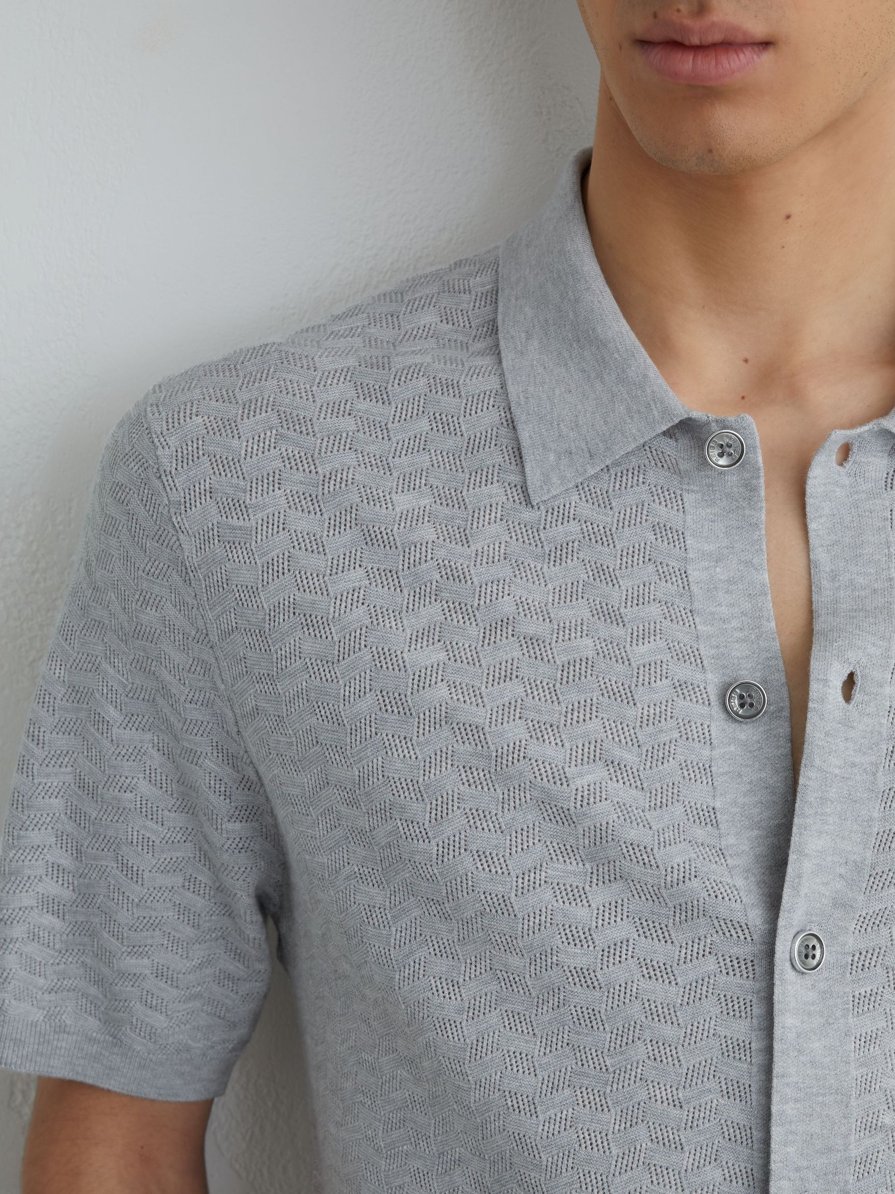 Textured-Knit Button-Through Shirt in Soft Grey - Image 1 of 6