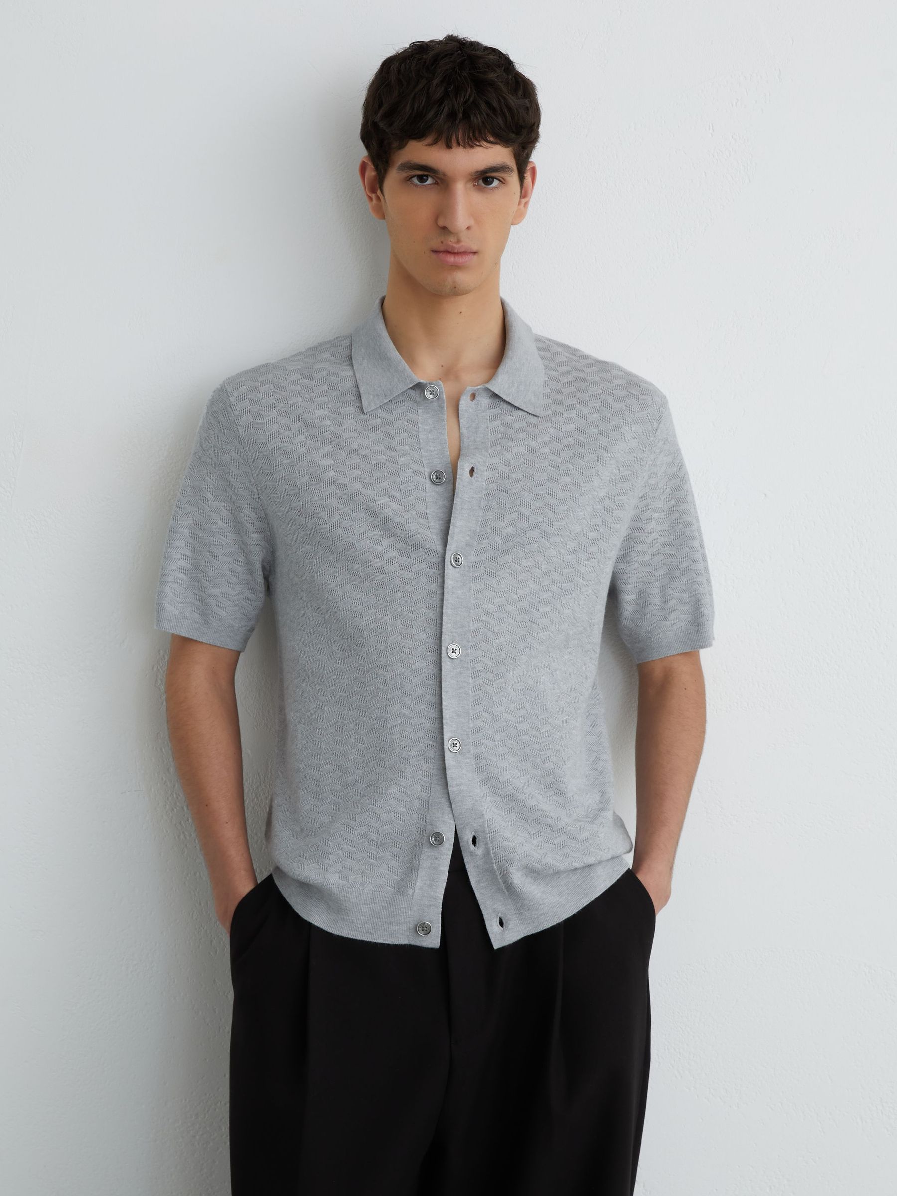 Textured-Knit Button-Through Shirt in Soft Grey - Image 3 of 6