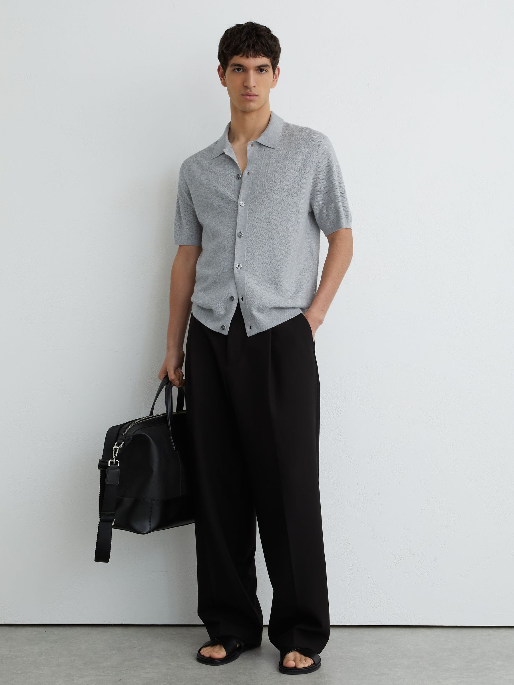 Textured-Knit Button-Through Shirt in Soft Grey - Image 4 of 6