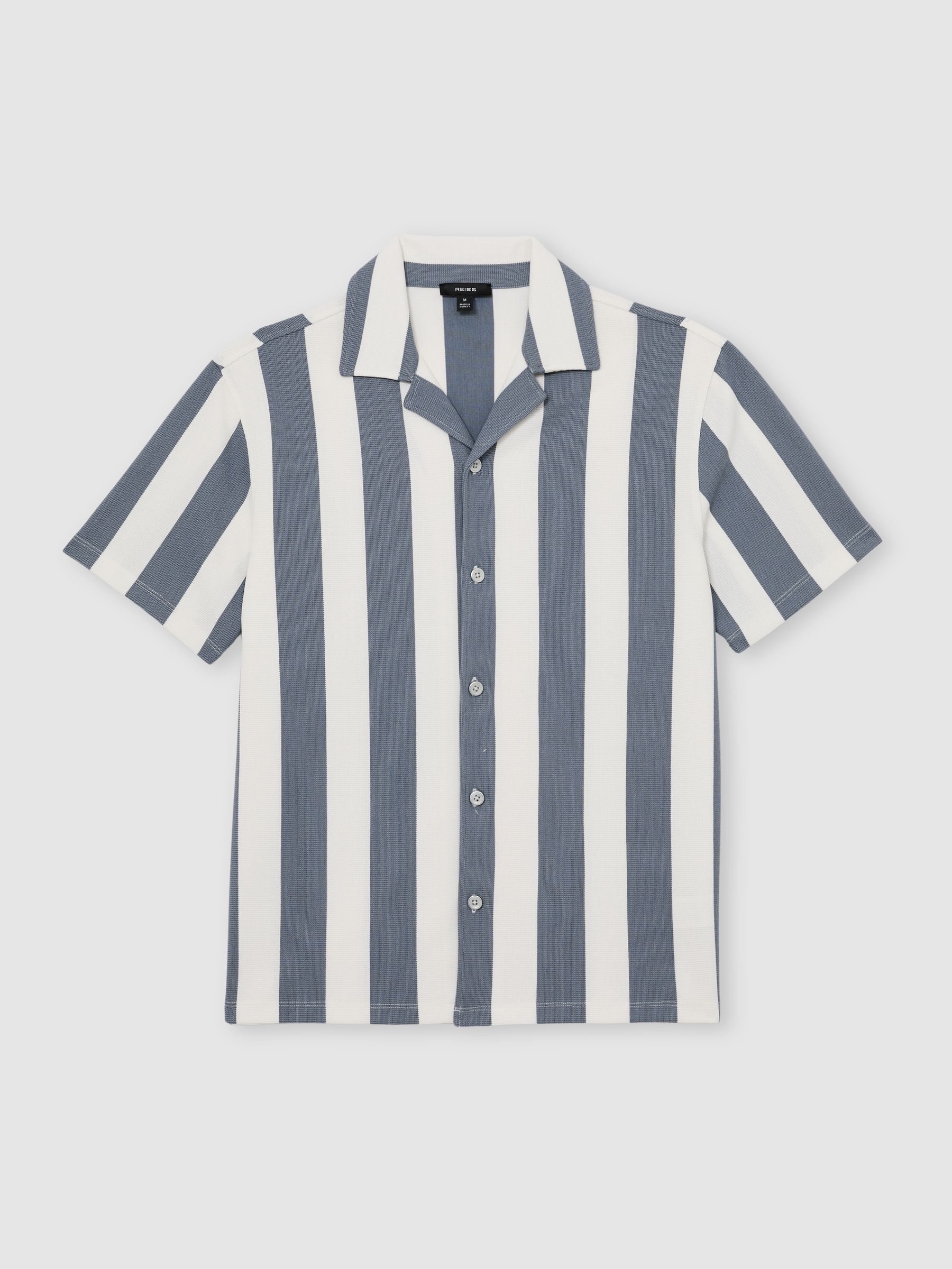 Block-Stripe Cuban-Collar Shirt in Airforce Blue/Off White - Image 2 of 6
