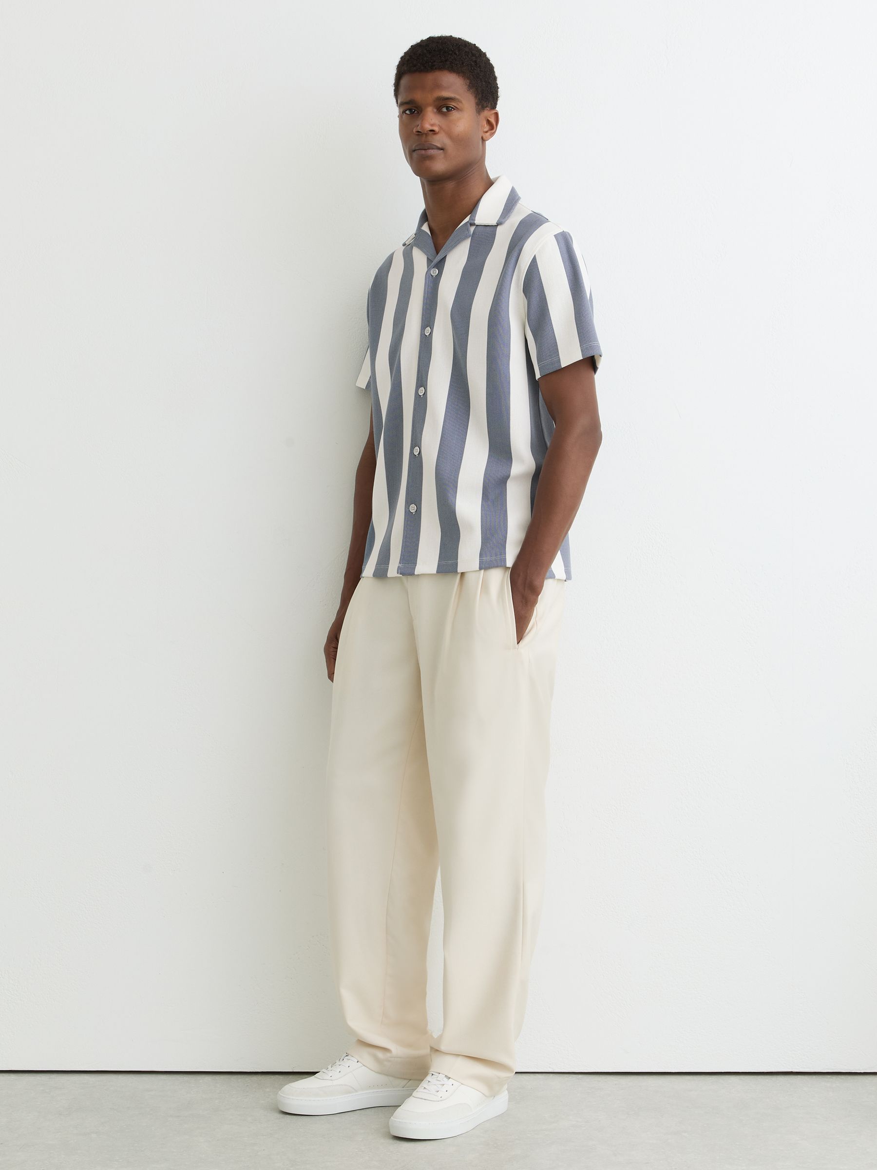 Block-Stripe Cuban-Collar Shirt in Airforce Blue/Off White - Image 3 of 6